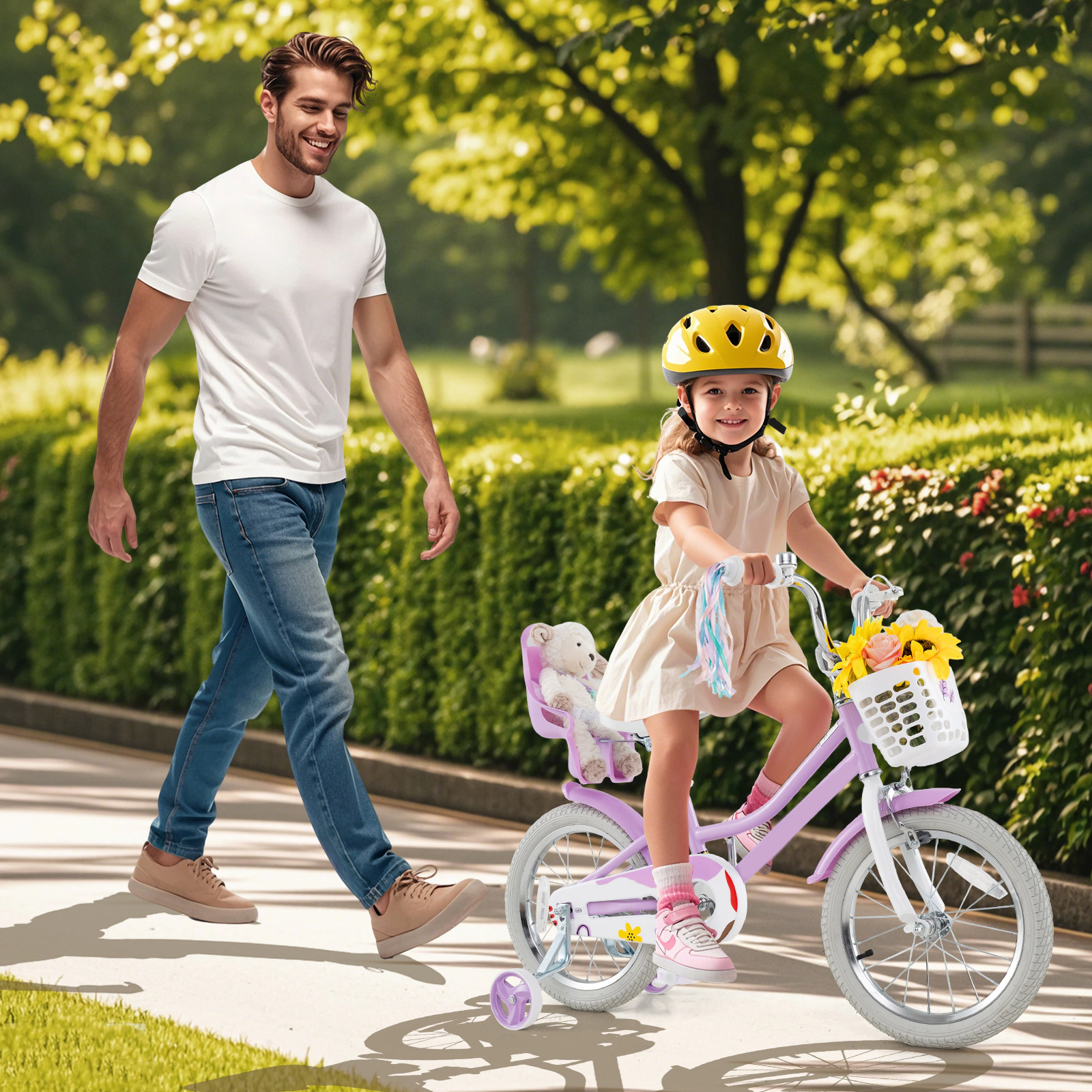 SUGIFT Purple Doll Seat Streamers Training Wheels and Front Basket Girls 16 Inch Bike