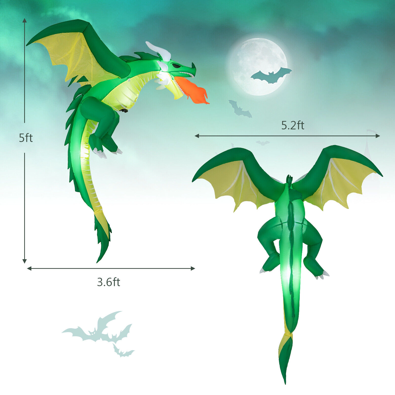 Glintex 5-Ft Hanging Halloween Inflatable Dragon with 1-Minute Inflation, Green
