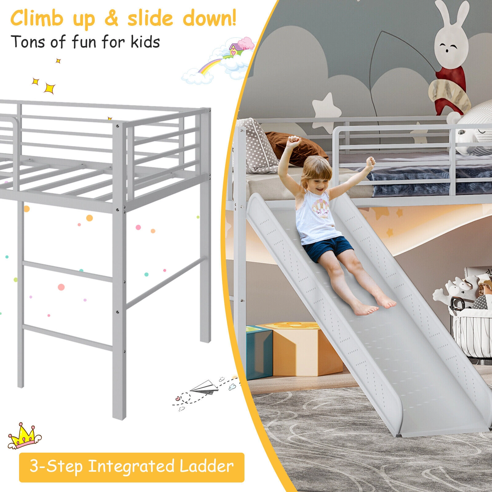 SUGIFT Silver 61-in Slide Safety Guardrails and Built-in Ladder Twin Kids Metal Loft Bed