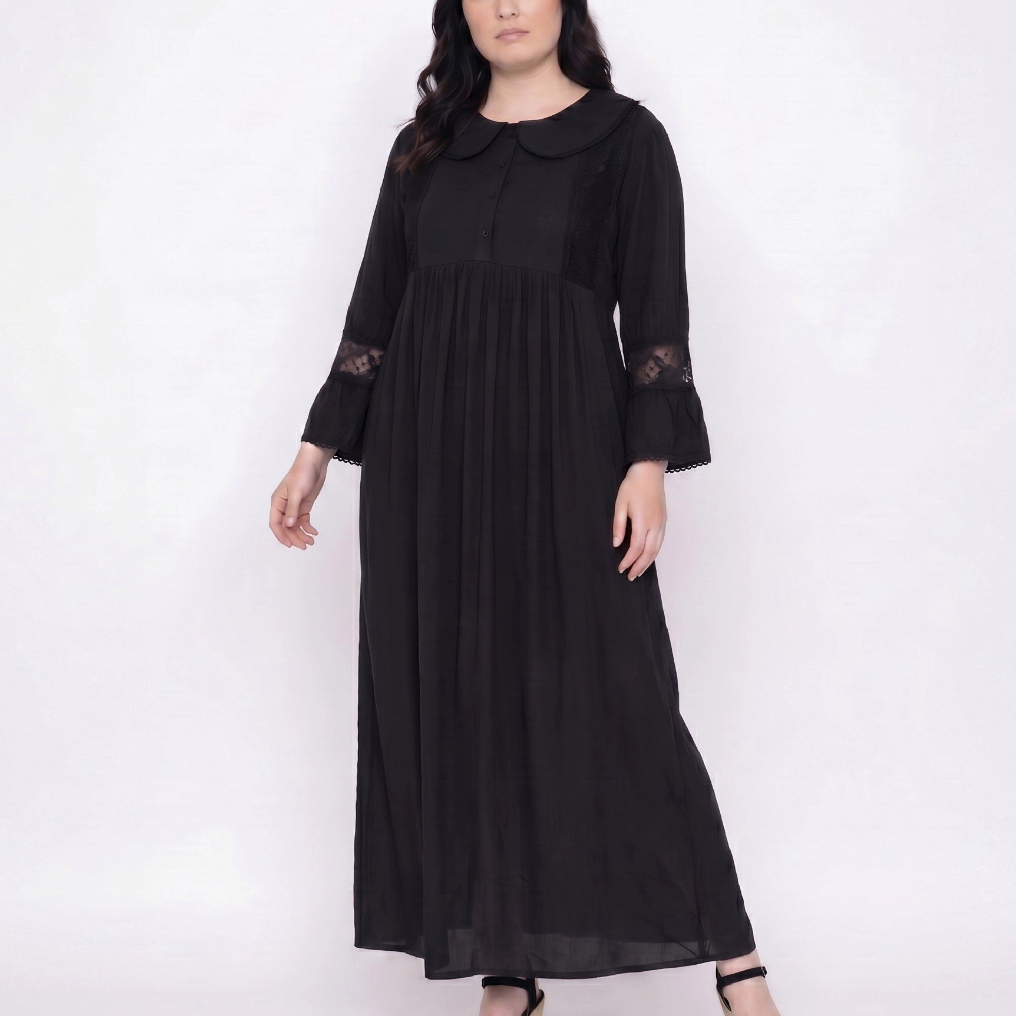 Anna-Kaci Women's Long Sleeve Button Front Maxi Nightgown Peter Pan Collar Lace Trim Sleep Dress