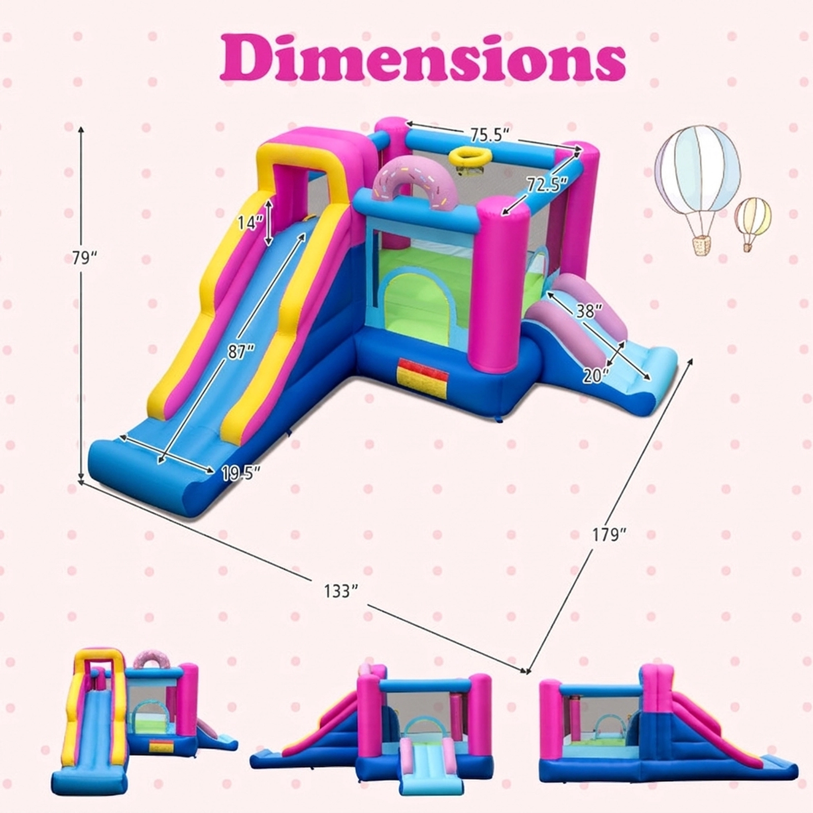 SUGIFT Sweet Doughnut Inflatable Bounce House with Slides and Basketball Hoop 200-lb Capacity Ages 3-12 Multi-color