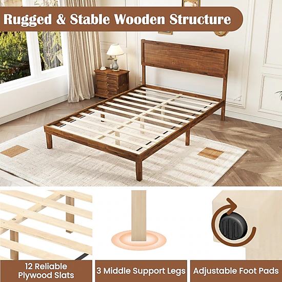 LJG Twin/Full/Queen Size Bed Frame with Headboard and Wooden Slats Support-Full Size