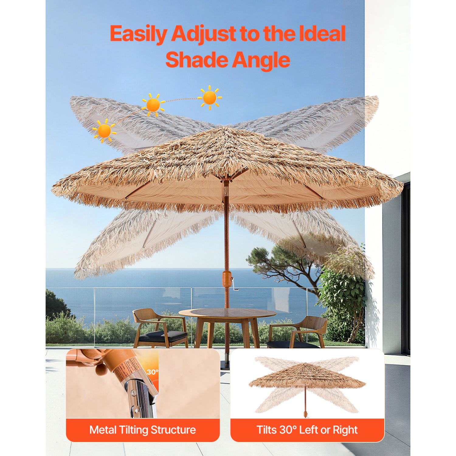 HONGGE Tiki Umbrella 9 ft Thatched Patio Umbrella with Tilt Hawaiian Style Beach Parasol, PP Thatch, 8 Metal Ribs