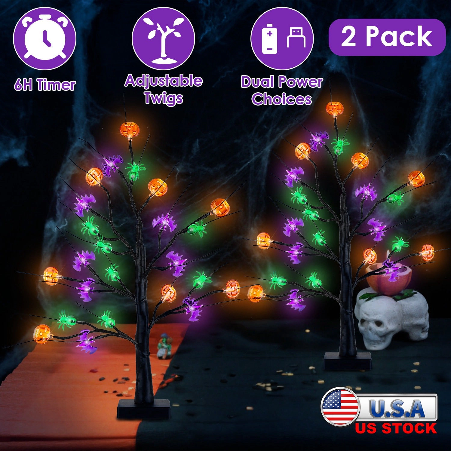 GBruno 2-Pack LED Halloween Tree Lights With Timer