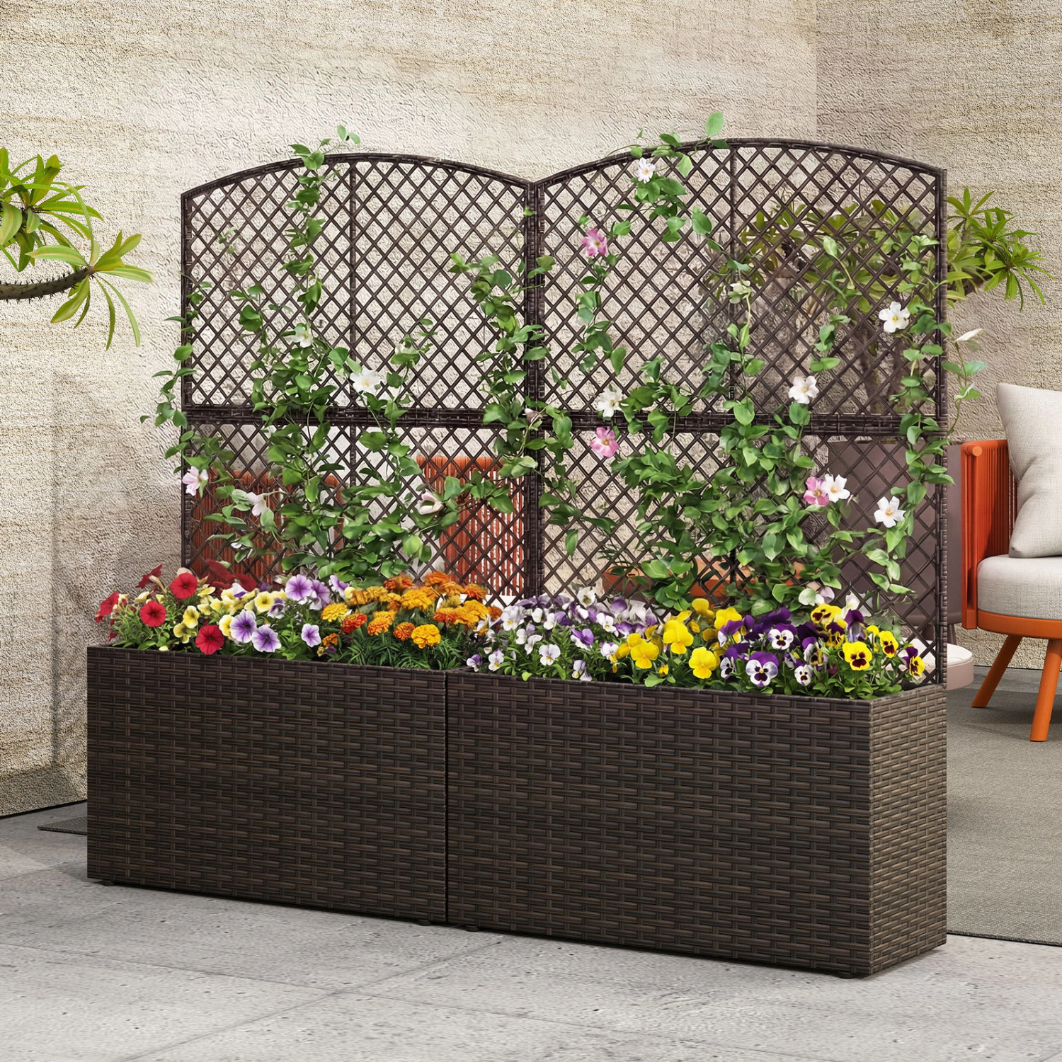 LJG 49 Inch Raised Garden Bed with Trellis and Wicker Planter Box