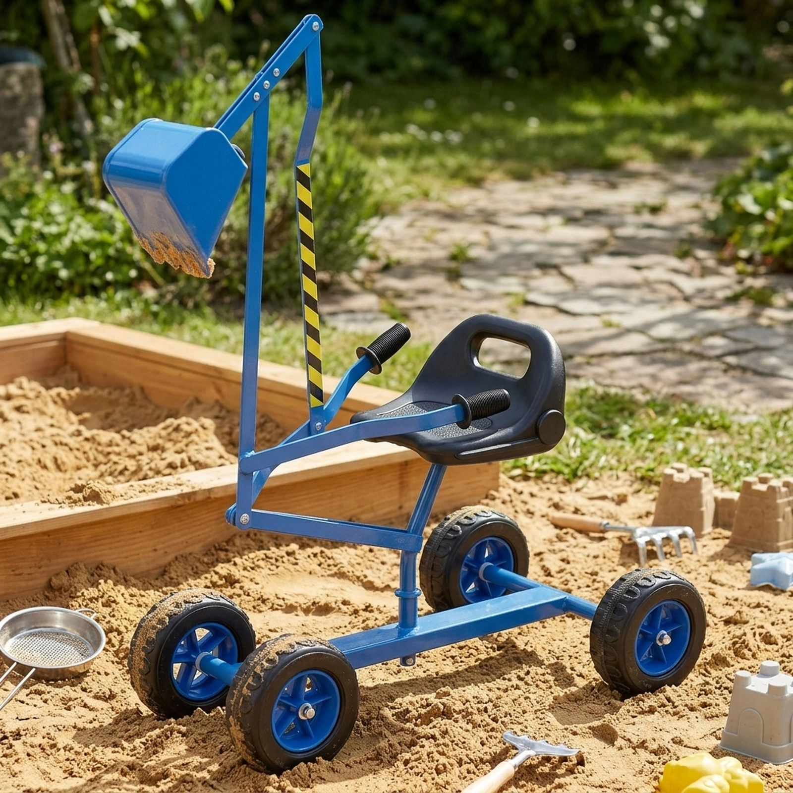 Blue Kids Ride-On Sand Digger Excavator Toy on 4 Wheels 2-Handed Levers Swivel Seat 110-lb Capacity Ages 3+