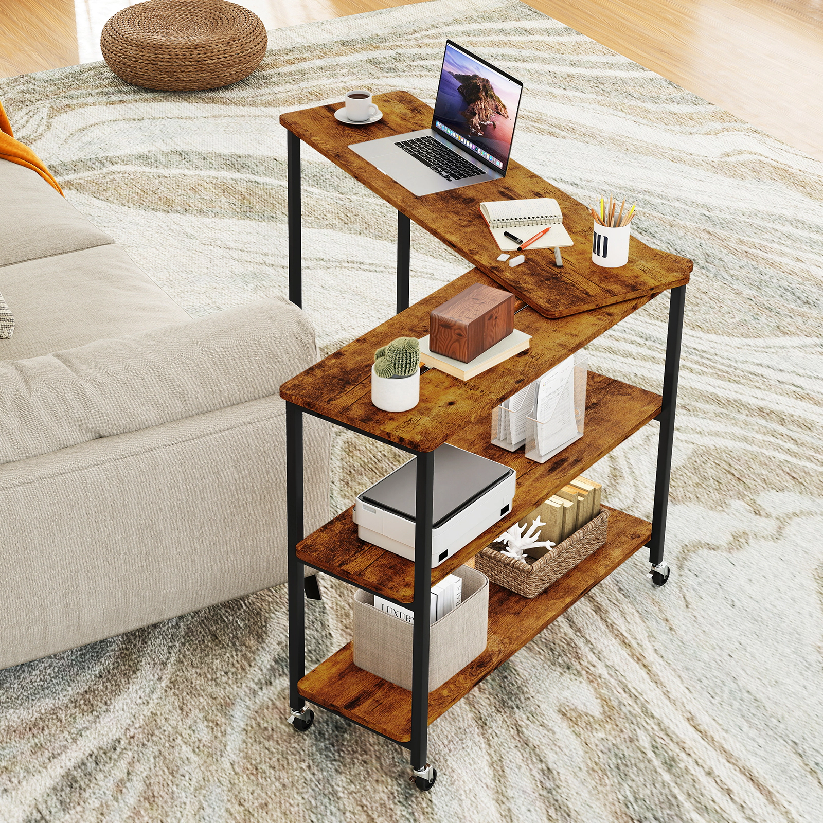 SUGIFT 360-Degree Rotating Sofa Side Table with Wheels and Storage Shelves 110-lb Desktop Rustic Brown