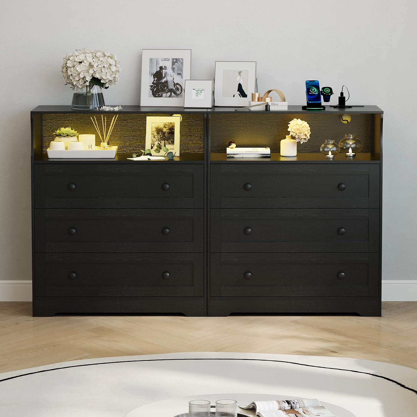 37.2" 3 Drawer Dresser with LED Lights & Charging Station, Wood Storage Chest Open Shelf