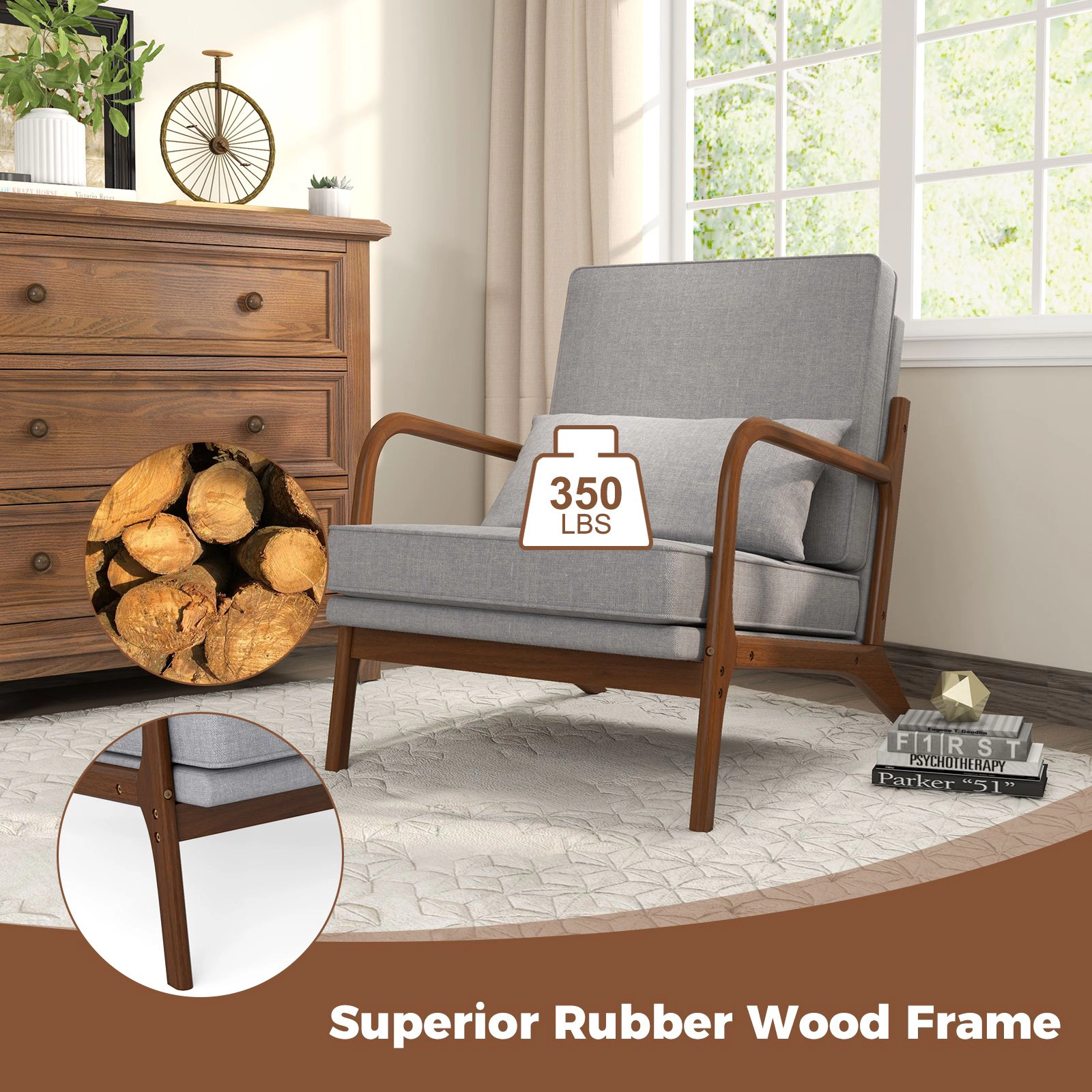 SlickBlue Modern Armchair with 5" Cushion, Lumbar Pillow & Wood Frame