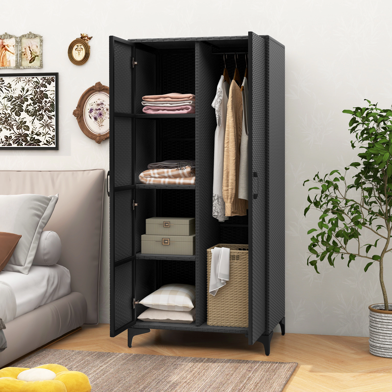 SUGIFT 62-in PE Rattan Wicker Wardrobe Armoire with 2 Doors 165-lb Total Capacity 33-lb Rod and Cubes Black/Mix Brown