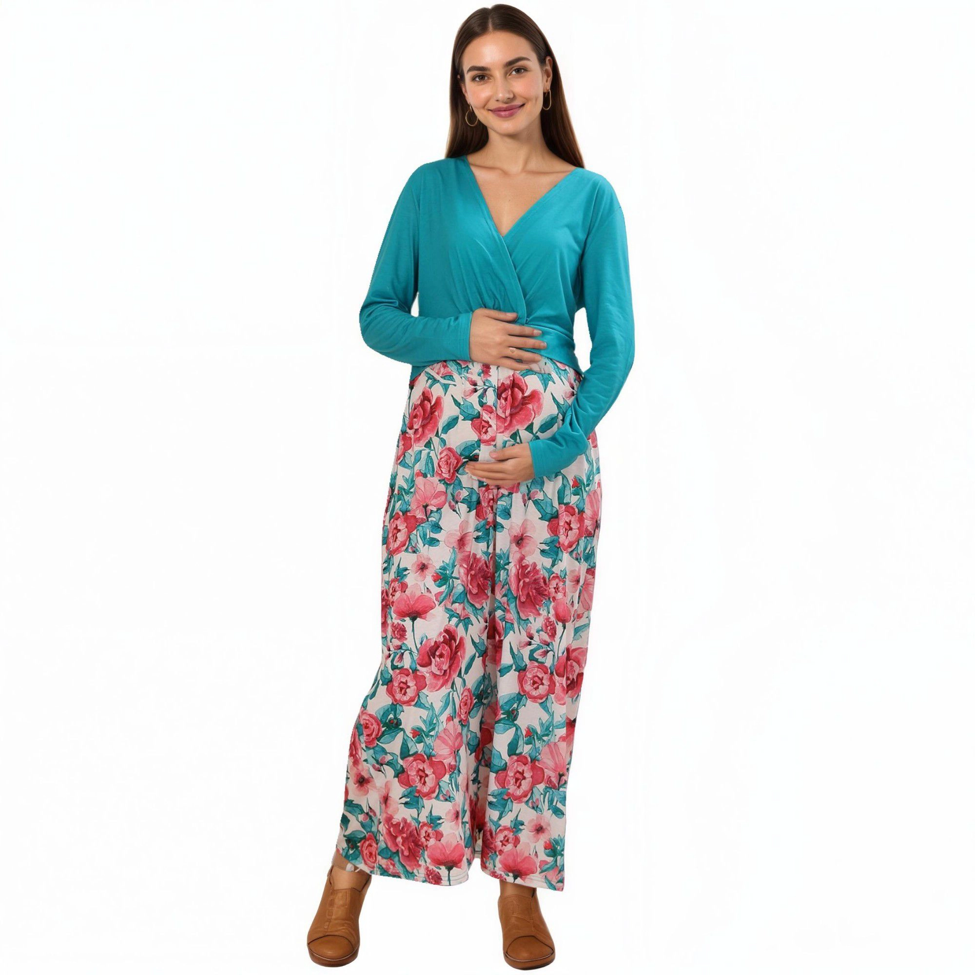 Anna-Kaci Women's Long Sleeve V Neck Floral Print Empire Waist Maternity Dress