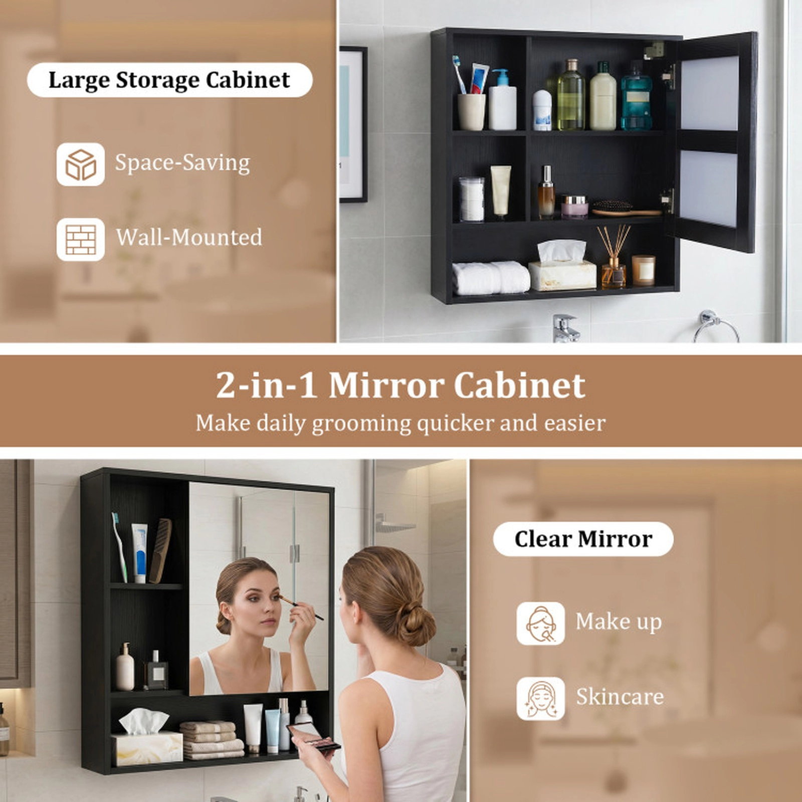 SUGIFT Black 22-lb Countertop Wall-Mounted Bathroom Mirror Cabinet with 2 Hidden Shelves and 3 Open Compartments
