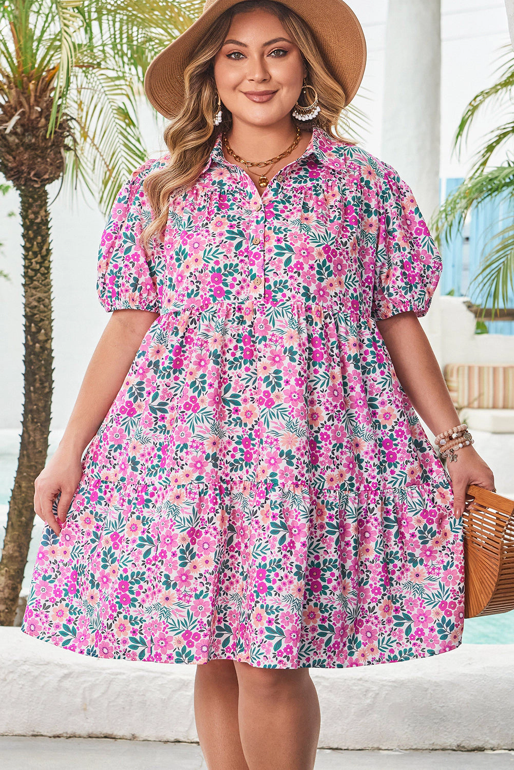Threaded Pear Women's Mariana Plus Size Floral Puff Sleeve A-line Dress