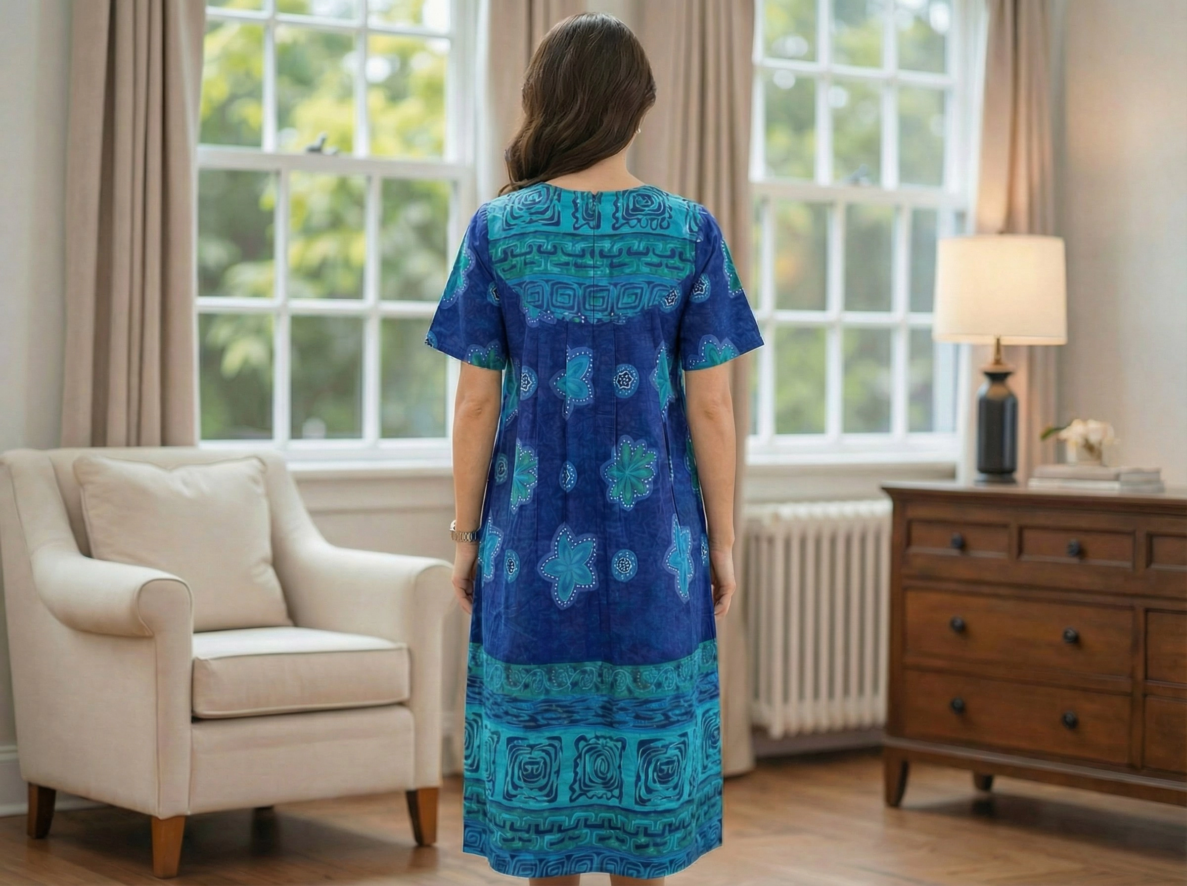 Loungees Border Print Cotton PETITE length House Dress Caftan 3 Button Bib Yoke Short Sleeve