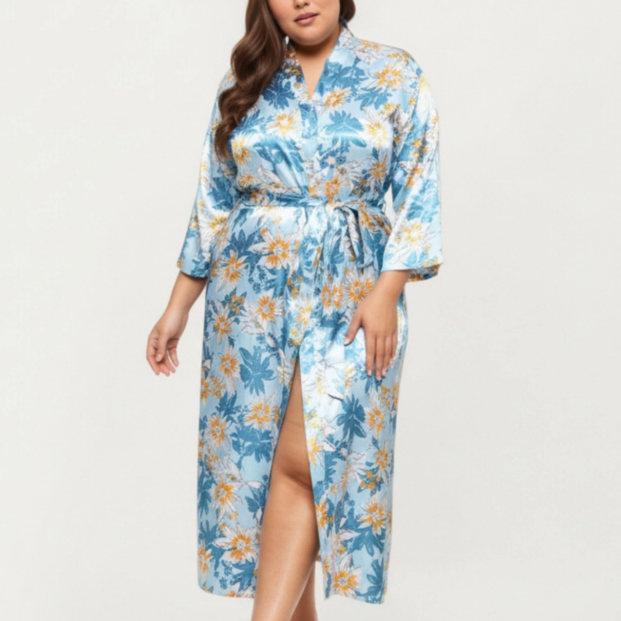 Anna-Kaci Women's Floral Print Satin Robe with Waist Tie Soft Silky Fabric Wide Sleeves and Flowing Longline Silhouette