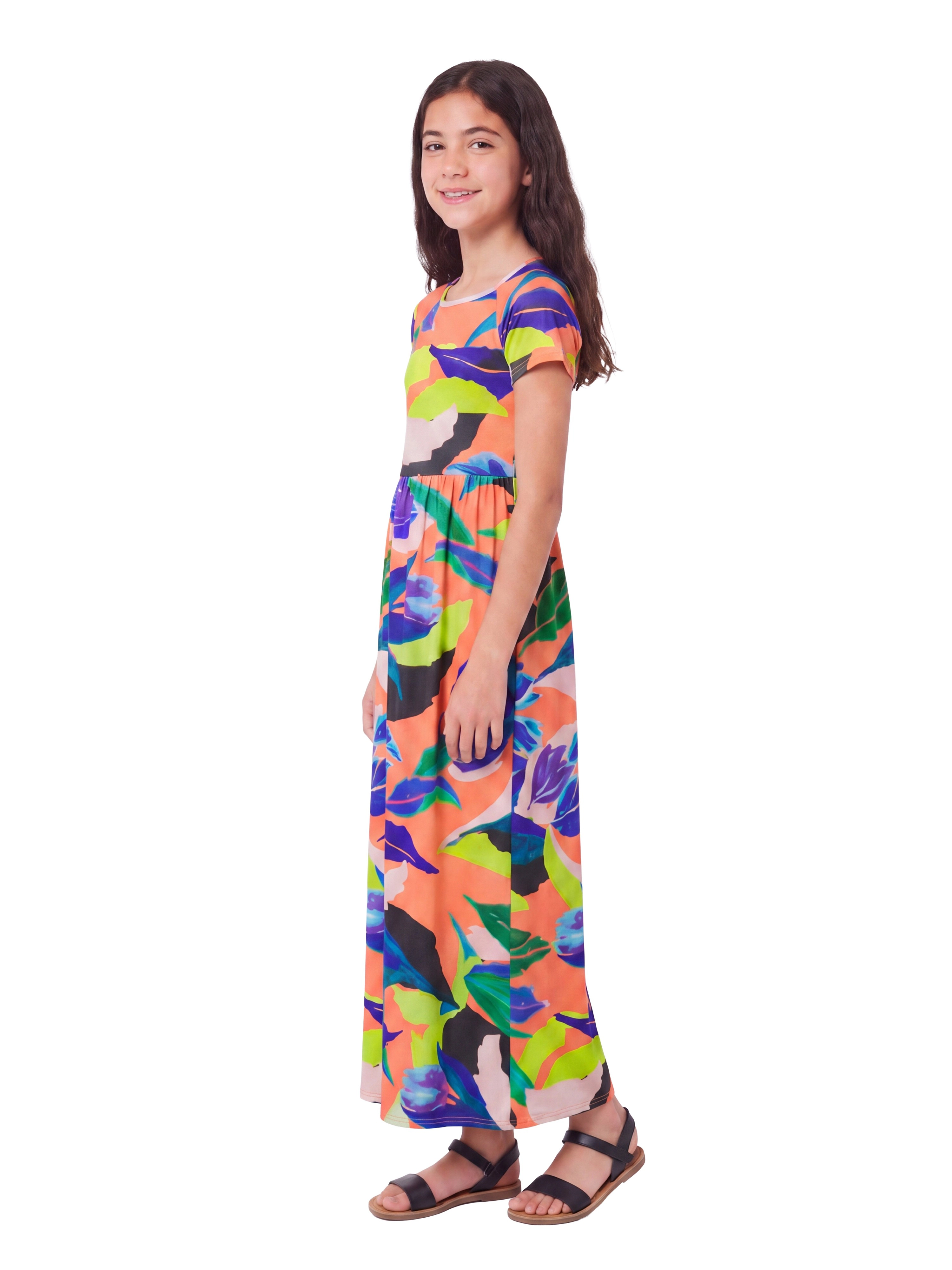 24sevenkid Girls Pastel Floral Print Short Sleeve Maxi Dress