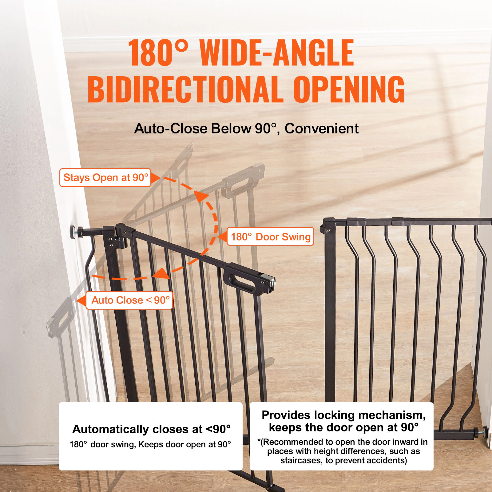 HONGGE Baby Gate for Stairs Adjustable Width Dog Gate No Bottom Bar One-Handed Operation Easy Drilling Installation