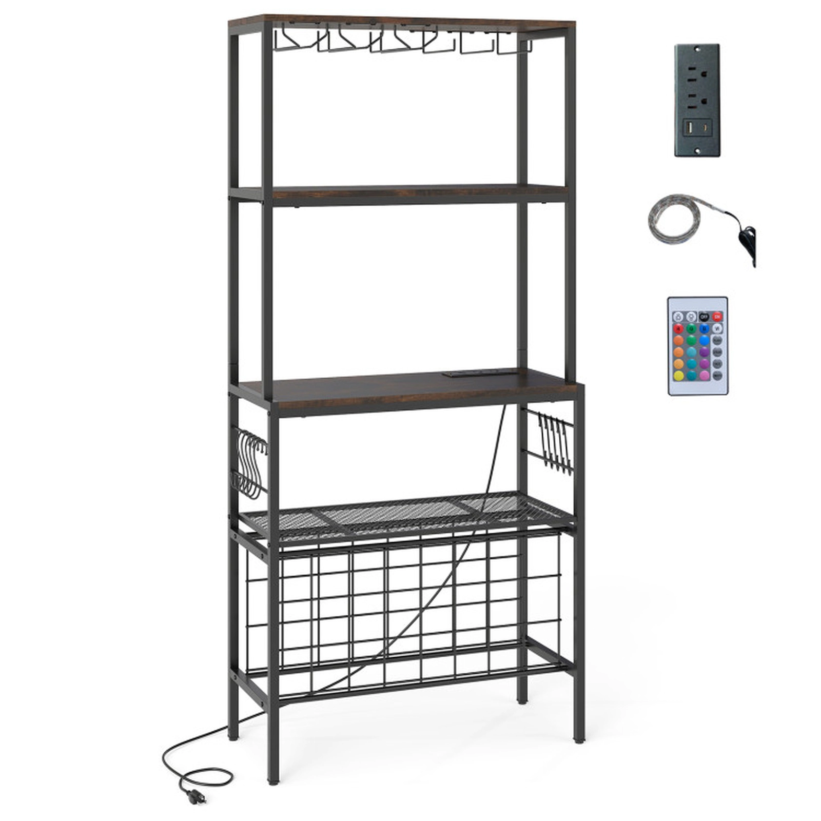 SUGIFT 4-Tier Wine Organizer with Power Outlet, 24-Bottle Holders & RGB Light 44-lb Wooden Shelf 22-lb Mesh Shelf Rustic