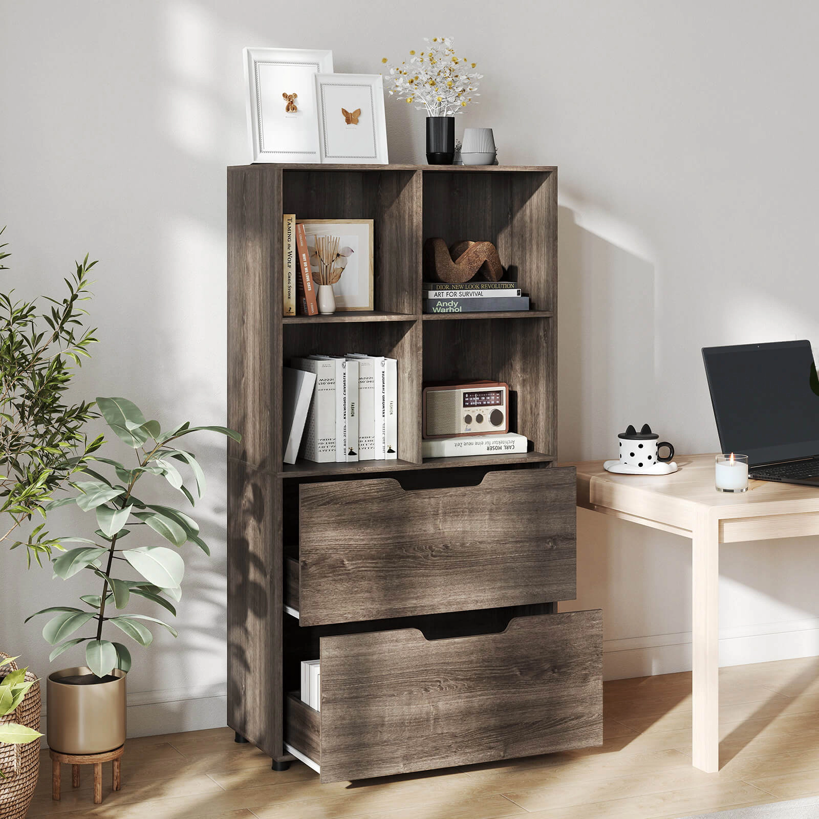 Costway 2 PCS 4-Cube Bookcase with Drawers, Tall Freestanding Bookshelf for Living Room Gray
