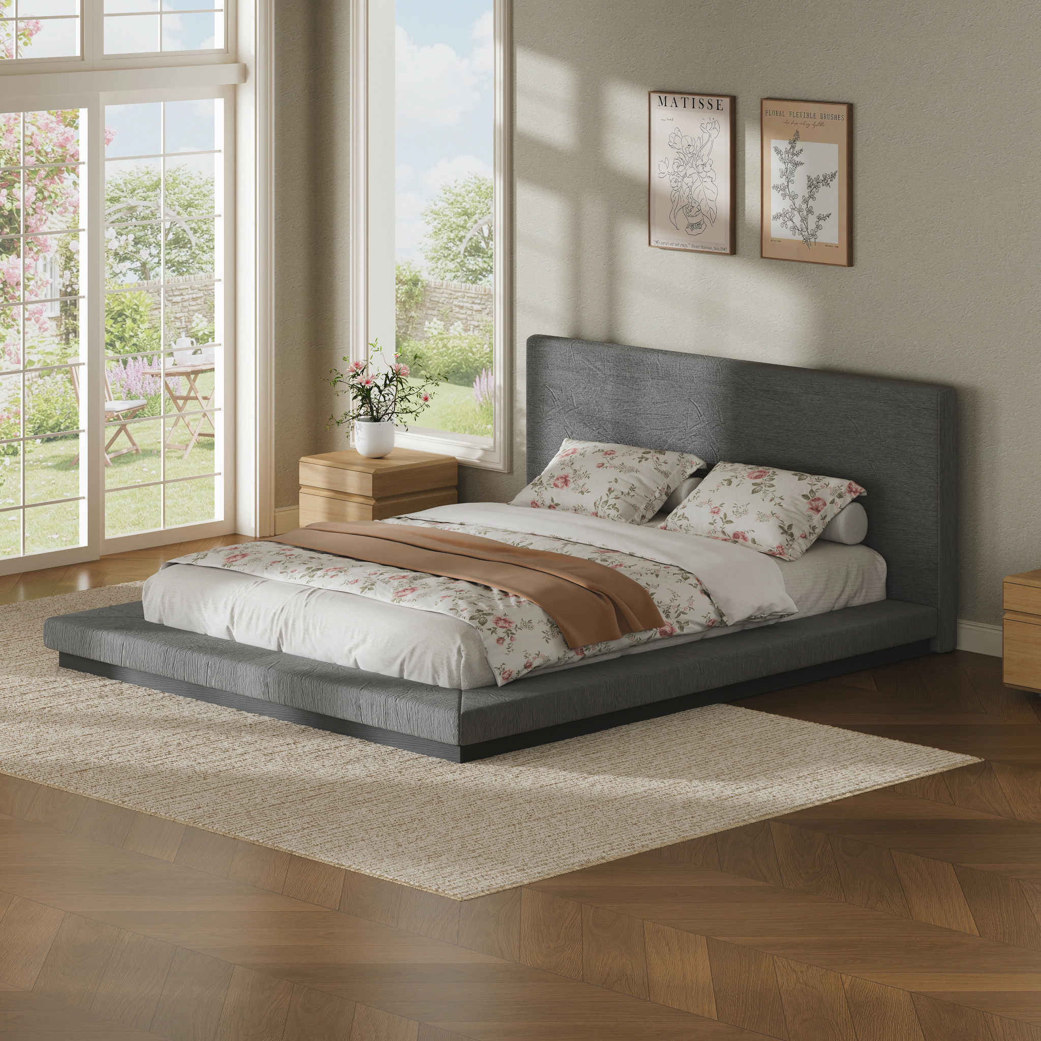 Flynama Queen Floating Bed with Padded Headboard, Low Profile Metal Slat Base, Gray