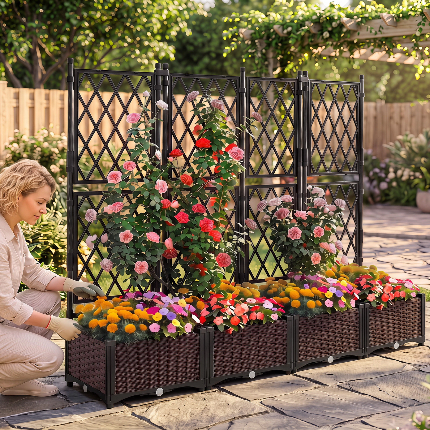 LJG Raised Garden Bed with Lattice Trellis Drainage Self-Watering Elevated Vertical Planter Boxes