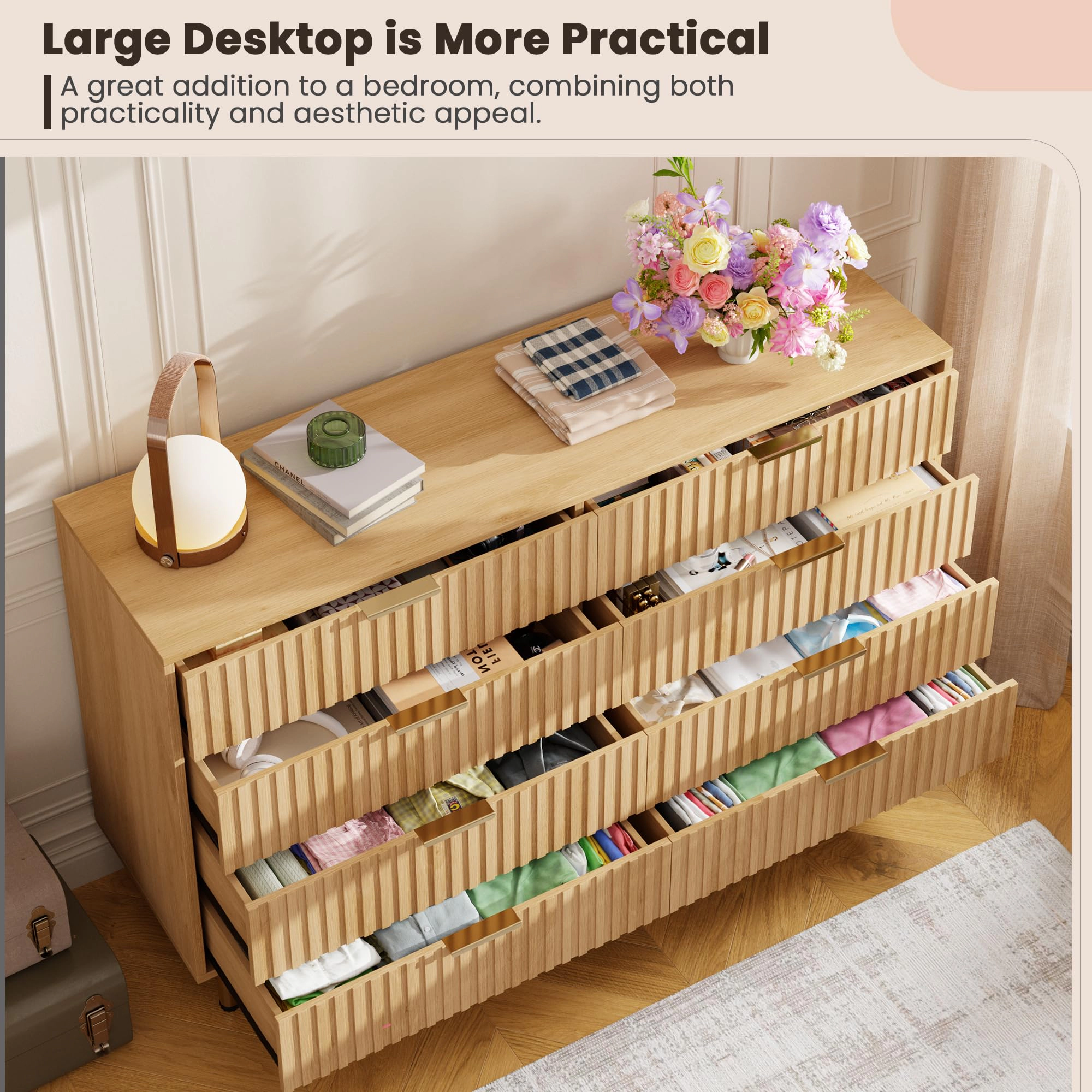 Fluted 8 Drawer Modern Dresser, 55" Wide Wooden Storage Organizer for Bedroom Living Room Hallway