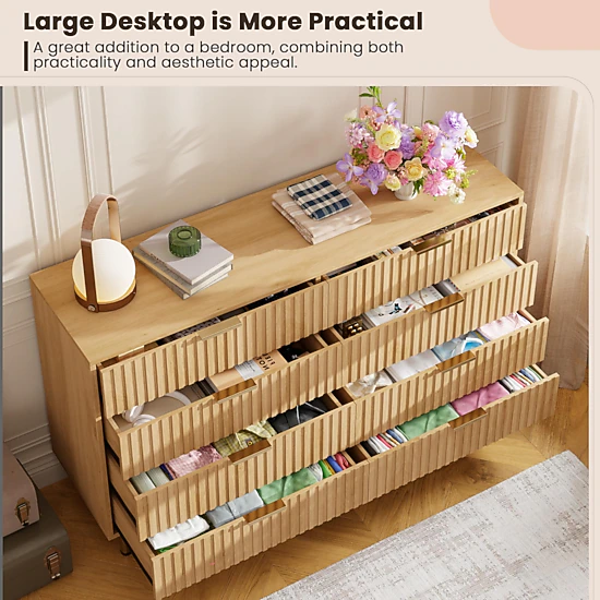 Fluted 8 Drawer Modern Dresser, 55" Wide Wooden Storage Organizer for Bedroom Living Room Hallway