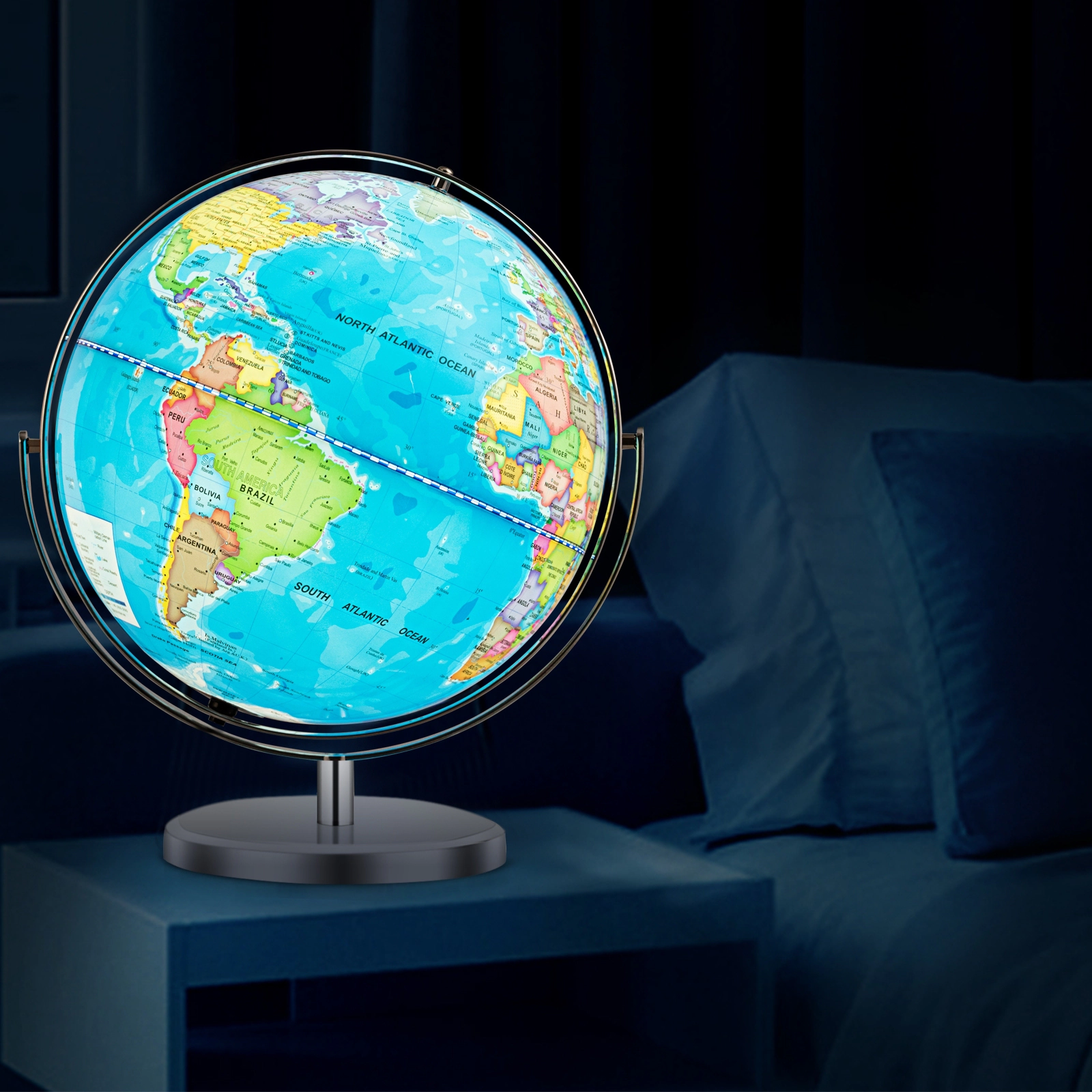 SUGIFT Kids 720-Degree Rotating LED Light Chrome Base World Globe 13-in Diameter 16-in Height 2.51-lb Net Weight Blue