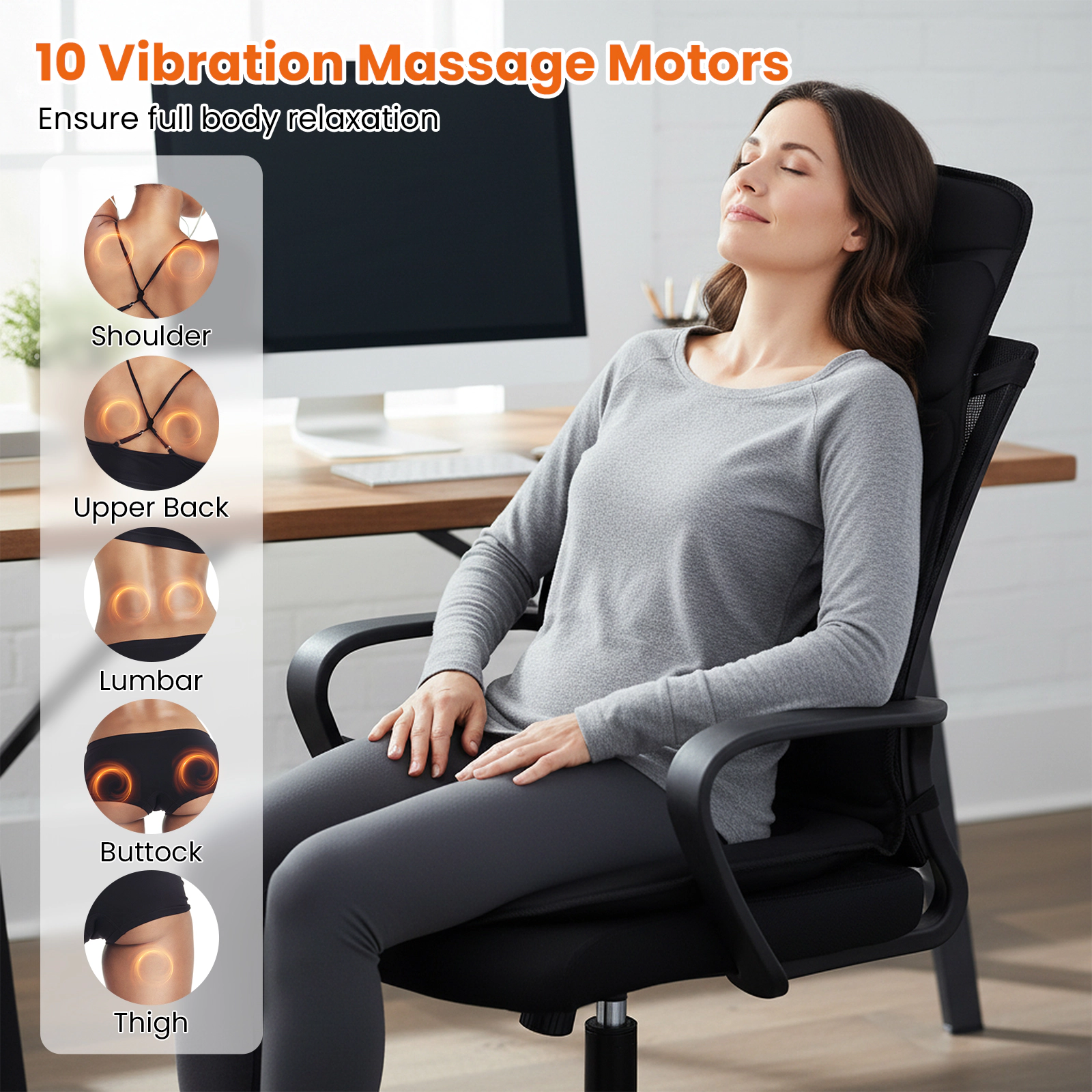 SUGIFT Black Back Massager Seat Cushion with Heat and 10 Vibration Motors 41.34-in W 19.69-in D 3 Speed Settings