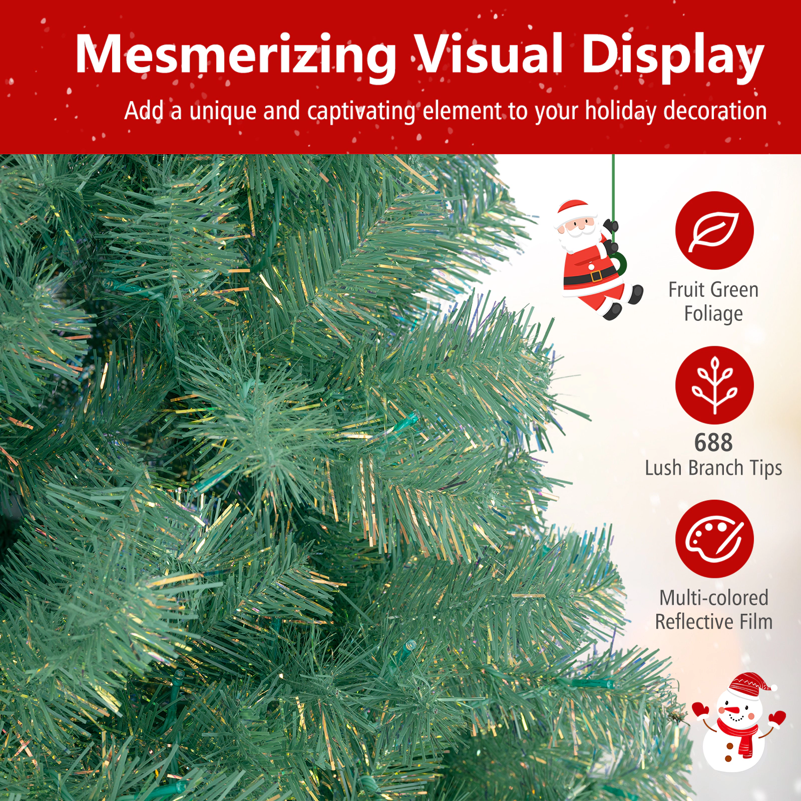 SUGIFT 6 ft Green Pre-Lit Tinsel Christmas Tree with 688 Branch Tips and 250 LED Lights