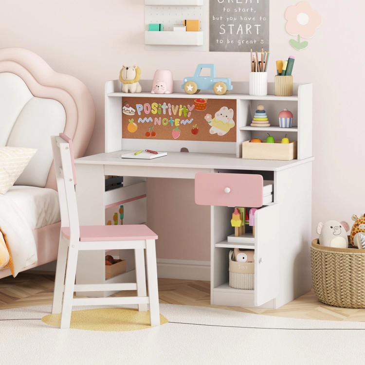 Hivvago Kids Writing Table and Chair with Overhead Hutch 3-Level Storage Rack