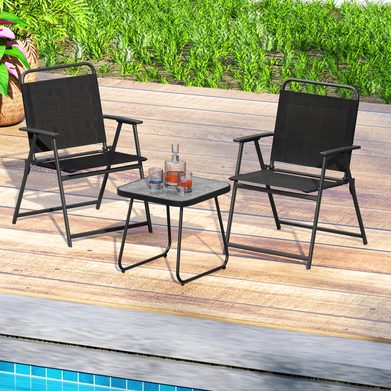 SUGIFT Black Breathable Fabric Seats 3-Piece Patio Folding Chair and Side Table Set