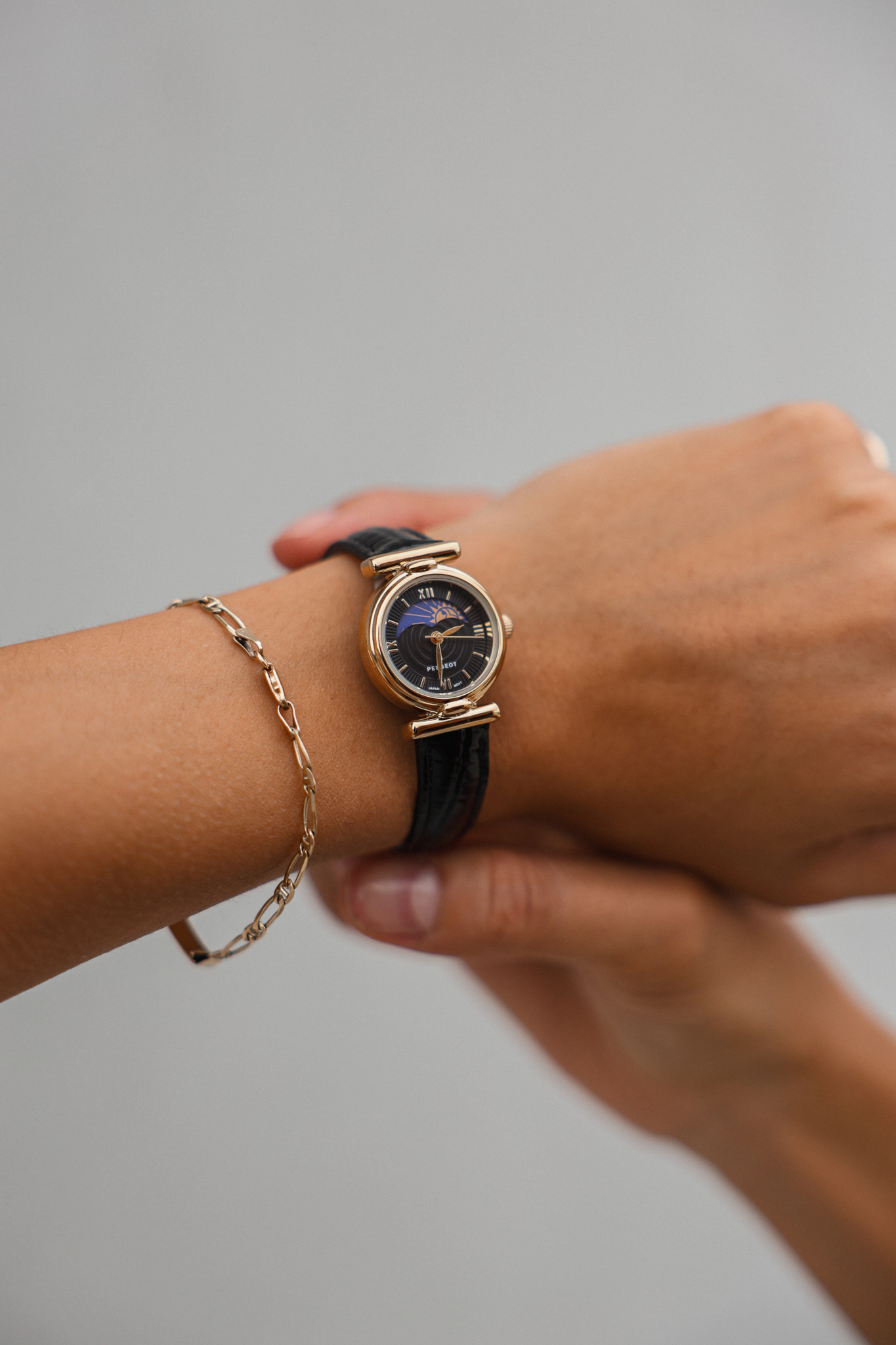 Peugeot Women's Petite 25mm Sun-Moon Watch with Glossy Leather Strap