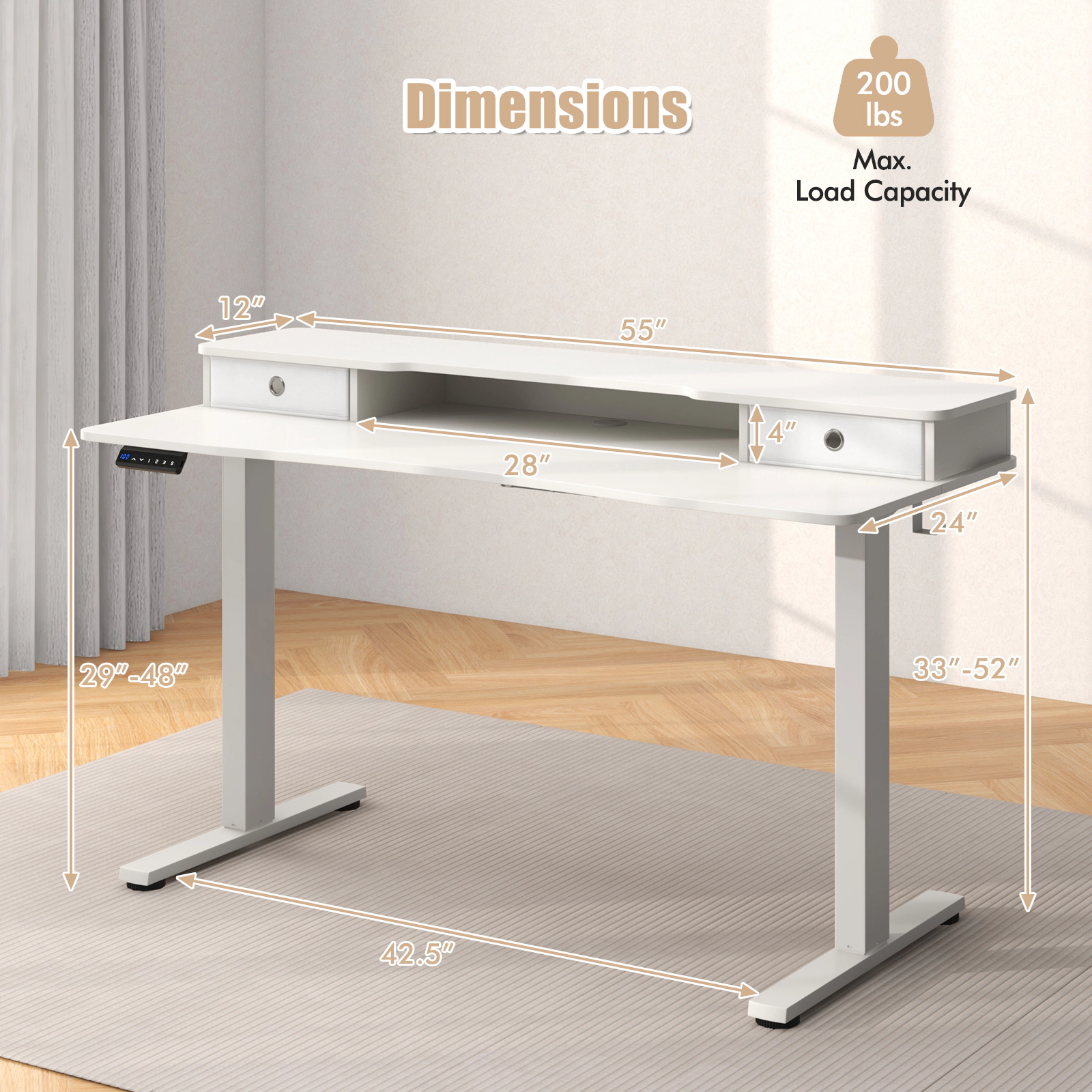 SUGIFT 55-in x 24-in White Electric Standing Desk with Shelf, Storage, Hooks and Cable Organizer