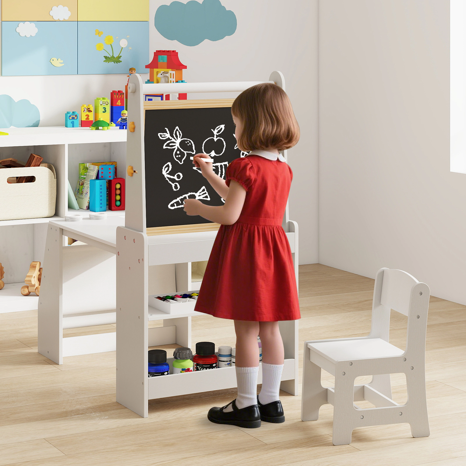 SUGIFT Kids Art Table and Chair Set with Easel 110-lb Tabletop Capacity with Bookshelf and Storage Gray White Natural