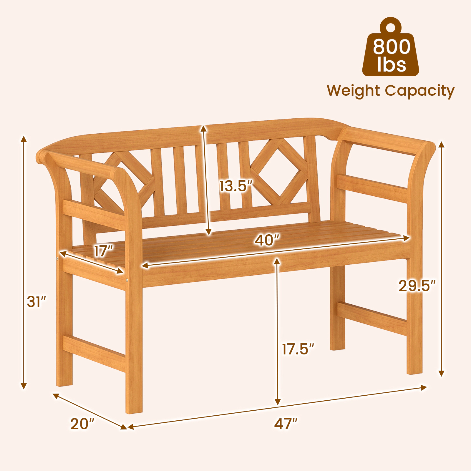 SUGIFT 47-Inch Natural Acacia Wood Outdoor Loveseat Bench, 2-Seater with Geometric Backrest