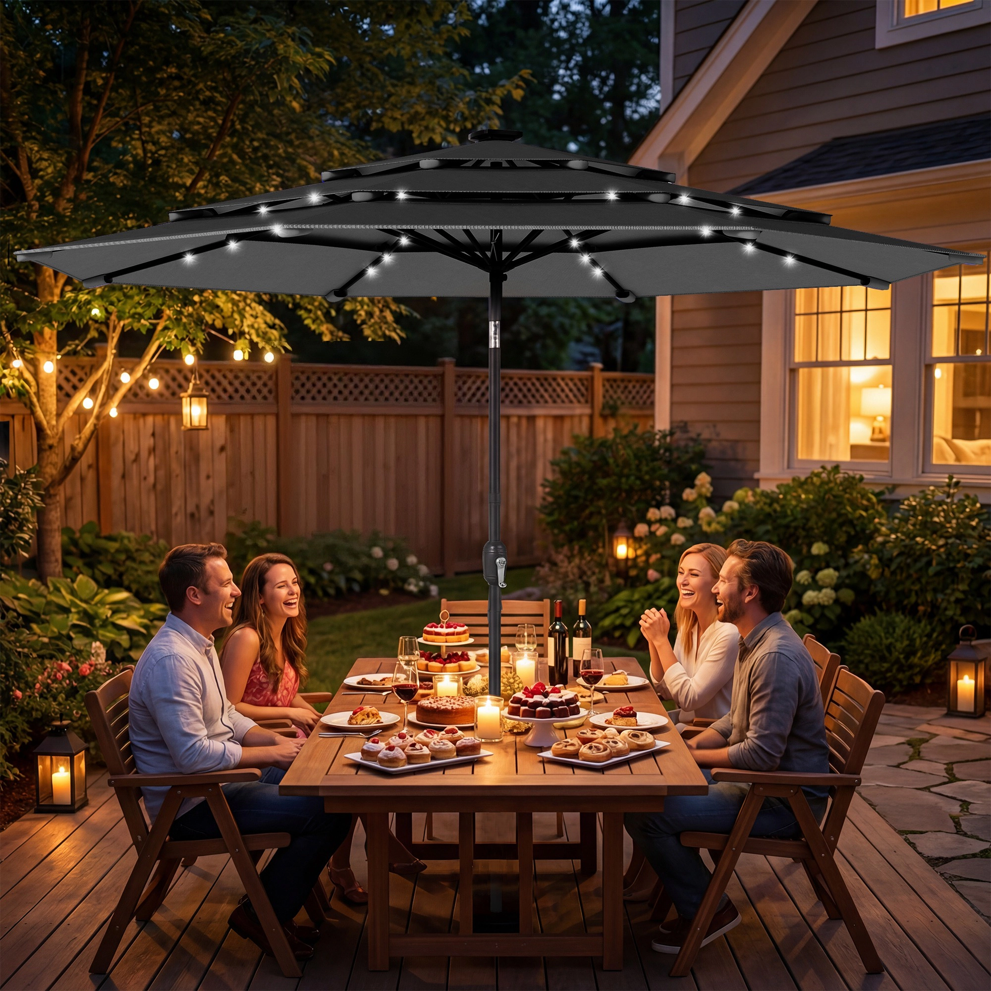 HONGGE 9.7 ft Outdoor Patio Umbrella with Solar LED Lights, 3 Tier Table Tilt, Crank