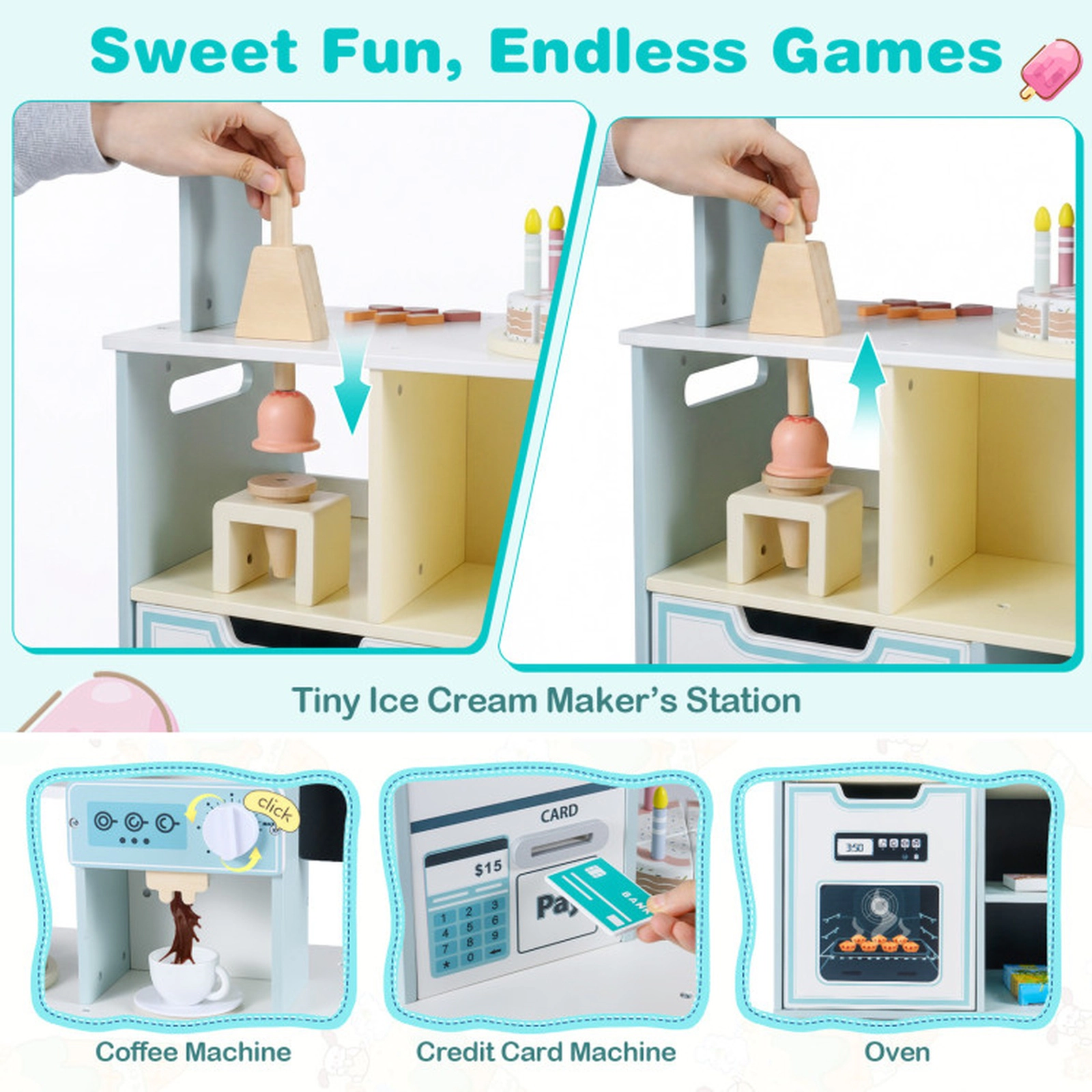 SUGIFT Blue 27 Accessories and Play Ice Cream Machine Kids Wooden Ice Cream Shop