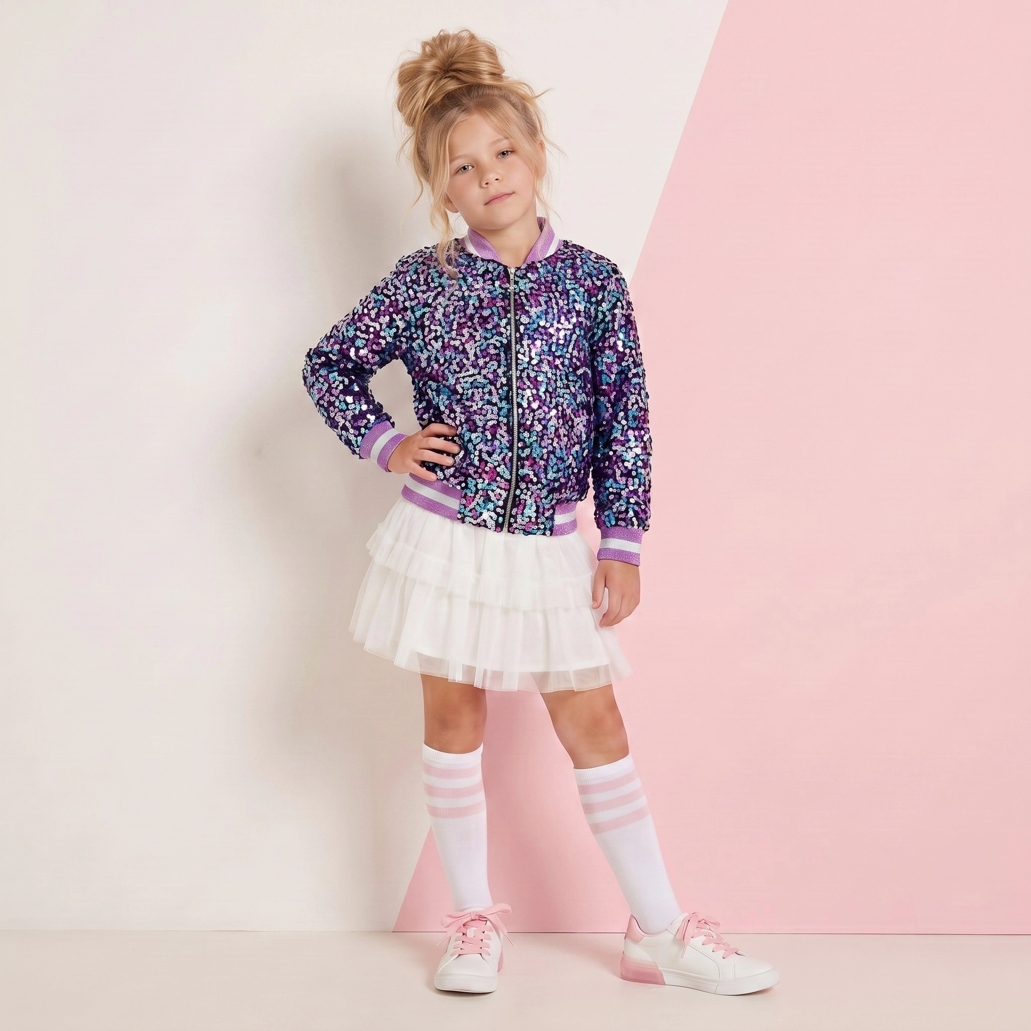 2Bunnies Girls' Amethyst Dream Multicolor Sequin Bomber Jacket