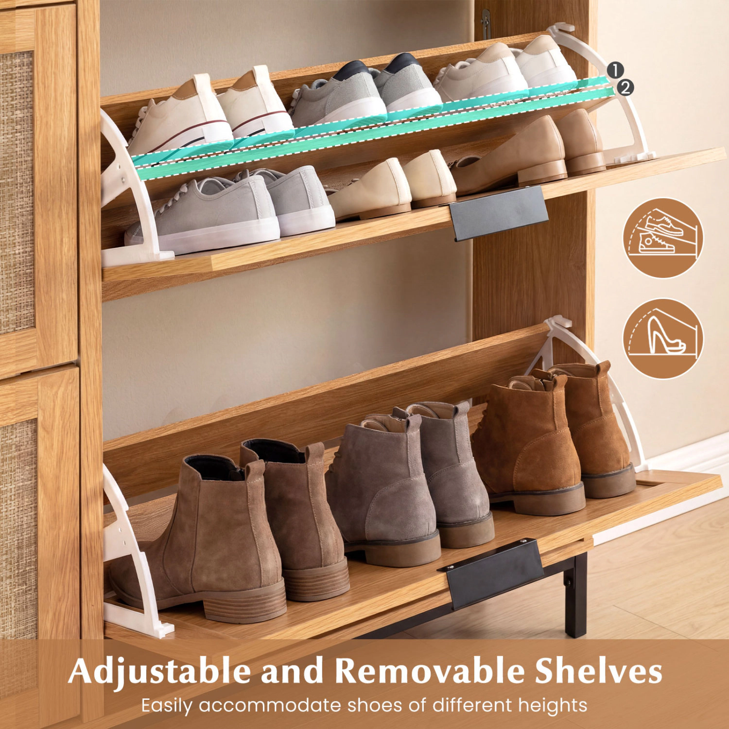 Glintex 55-Inch Wide Shoe Cabinet with 4 Flip Drawers and Rattan-Look Doors