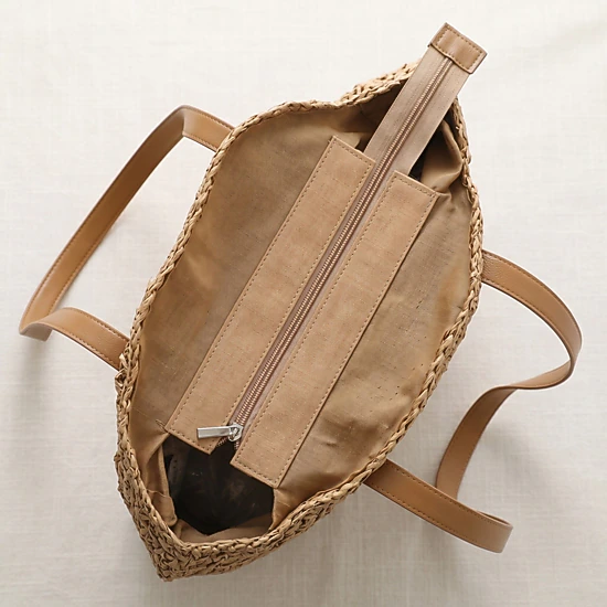 Alilang Women's Round Woven Straw Tote Bag with Zip Closure Shoulder Handles and Slip Pocket, Khaki