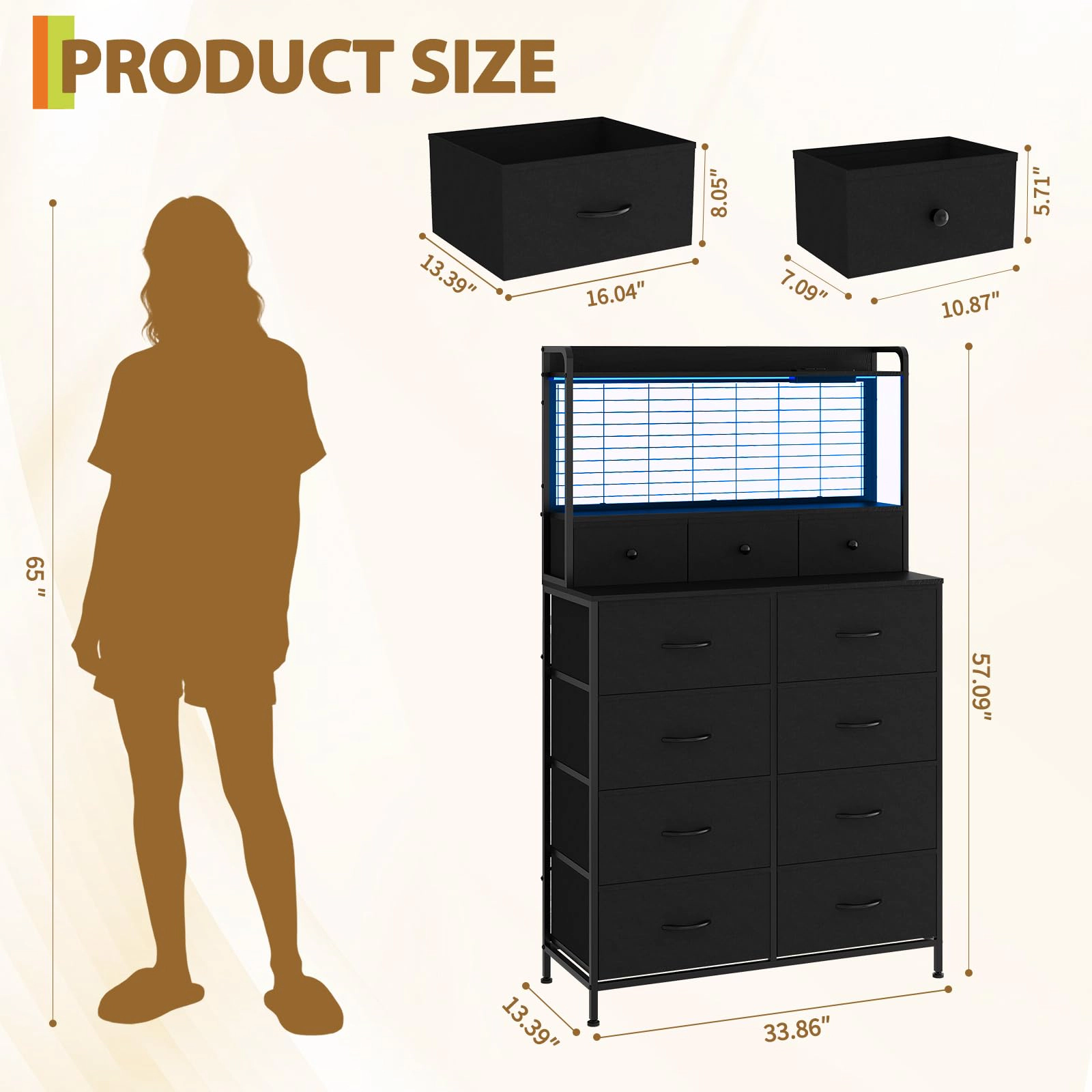 11 Drawer Fabric Dresser with Wireless Charging, App-Controlled RGB LED Lights & Open Shelf