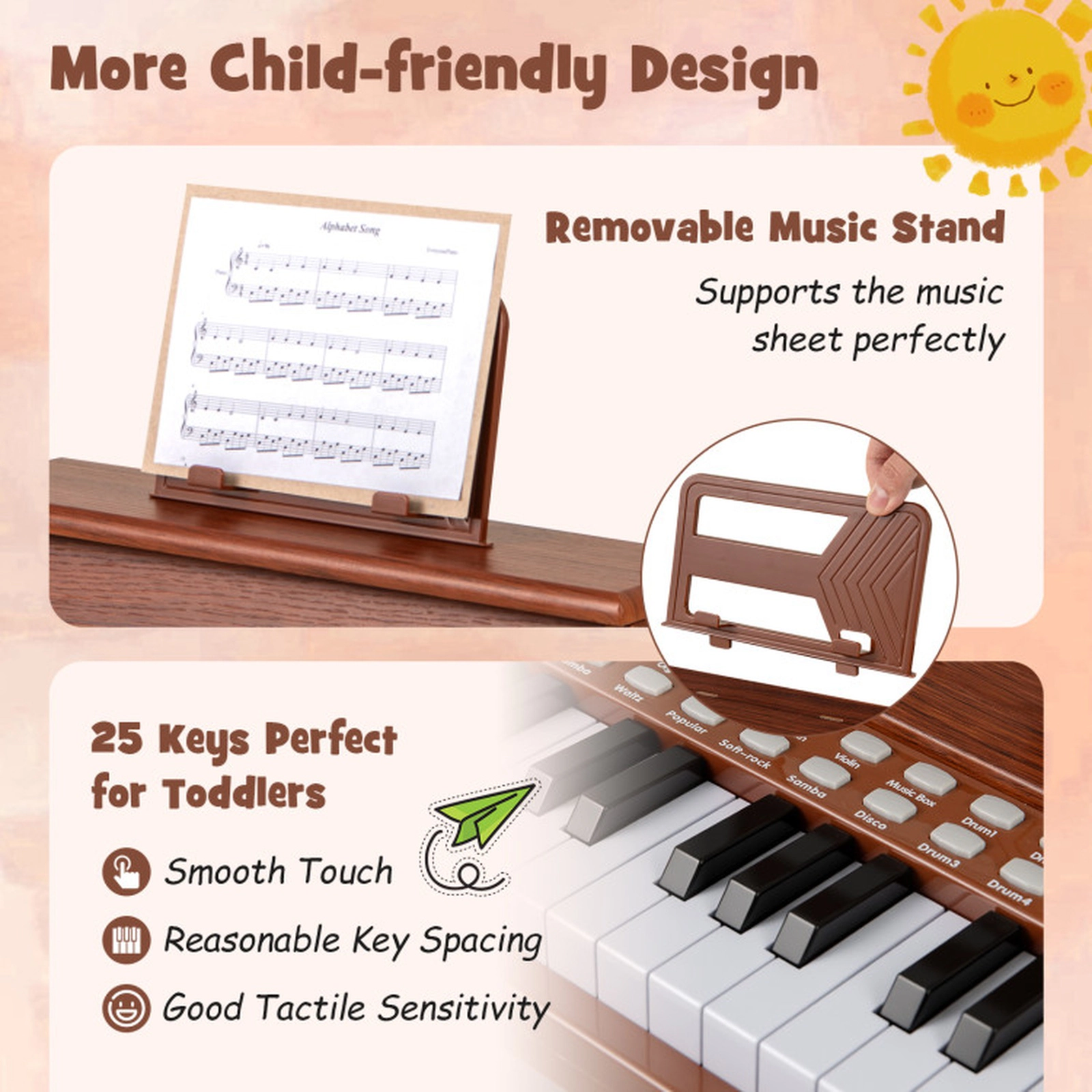 SUGIFT Kids Brown 25-Key Upright Toy Piano with Teaching Mode and Music Stand 15-in W 9.5-in D 11.5-in H Ages 3+