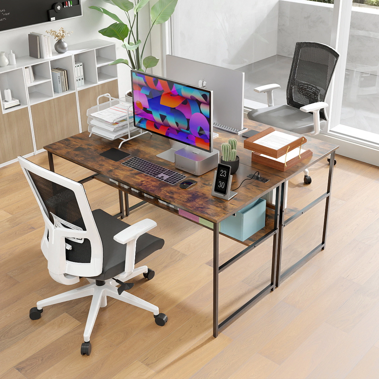 SUGIFT 55-Inch Rustic Brown Computer Desk with Outlets, USB Ports and Storage Shelf