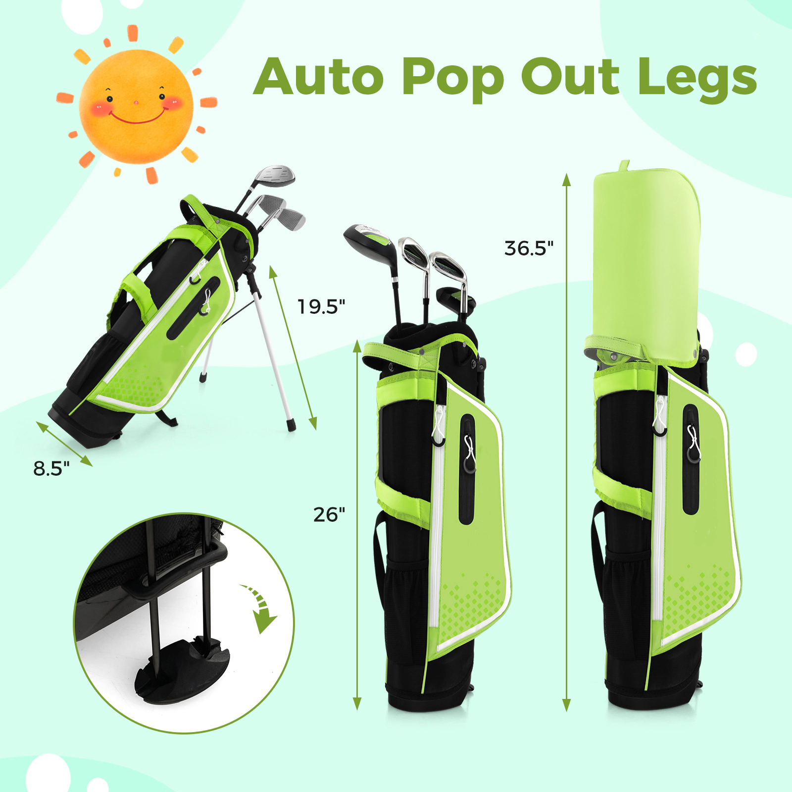 SUGIFT Kids Junior Complete Golf Club Set Stand Bag Rain Hood 4-Way Divider 26-in Bag Ages 8-10 Years Green