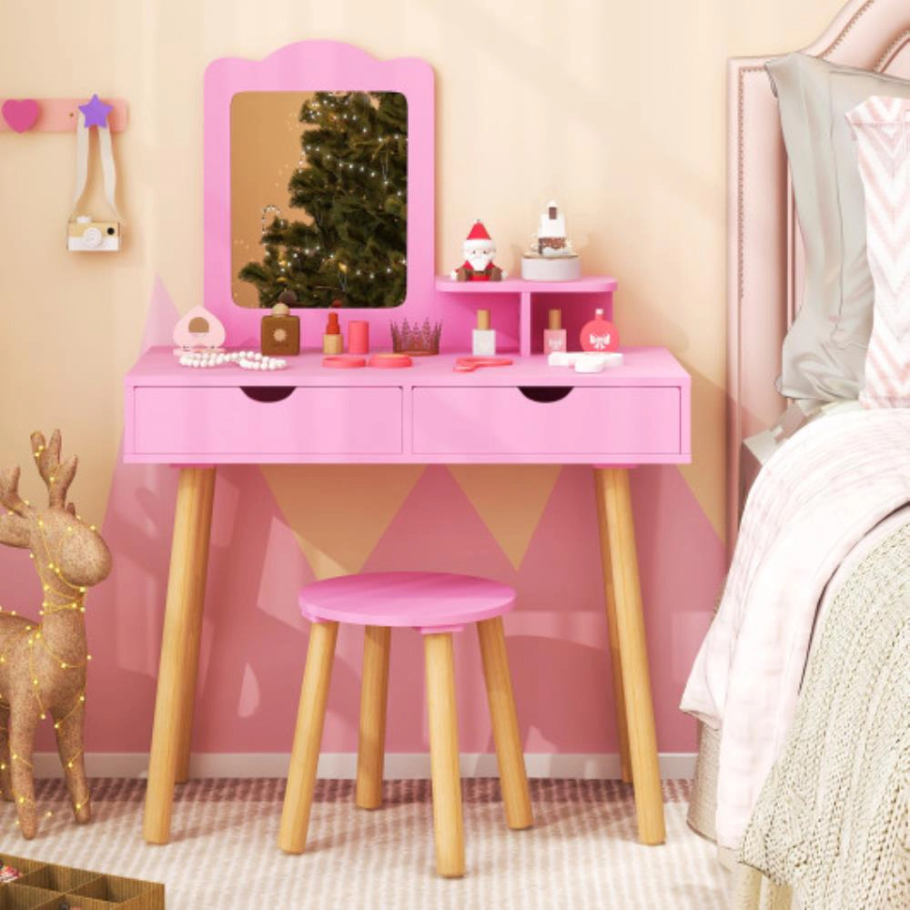 Hivvago Kid Vanity Table Chair Set With Mirror And 2 Large Storage Drawers