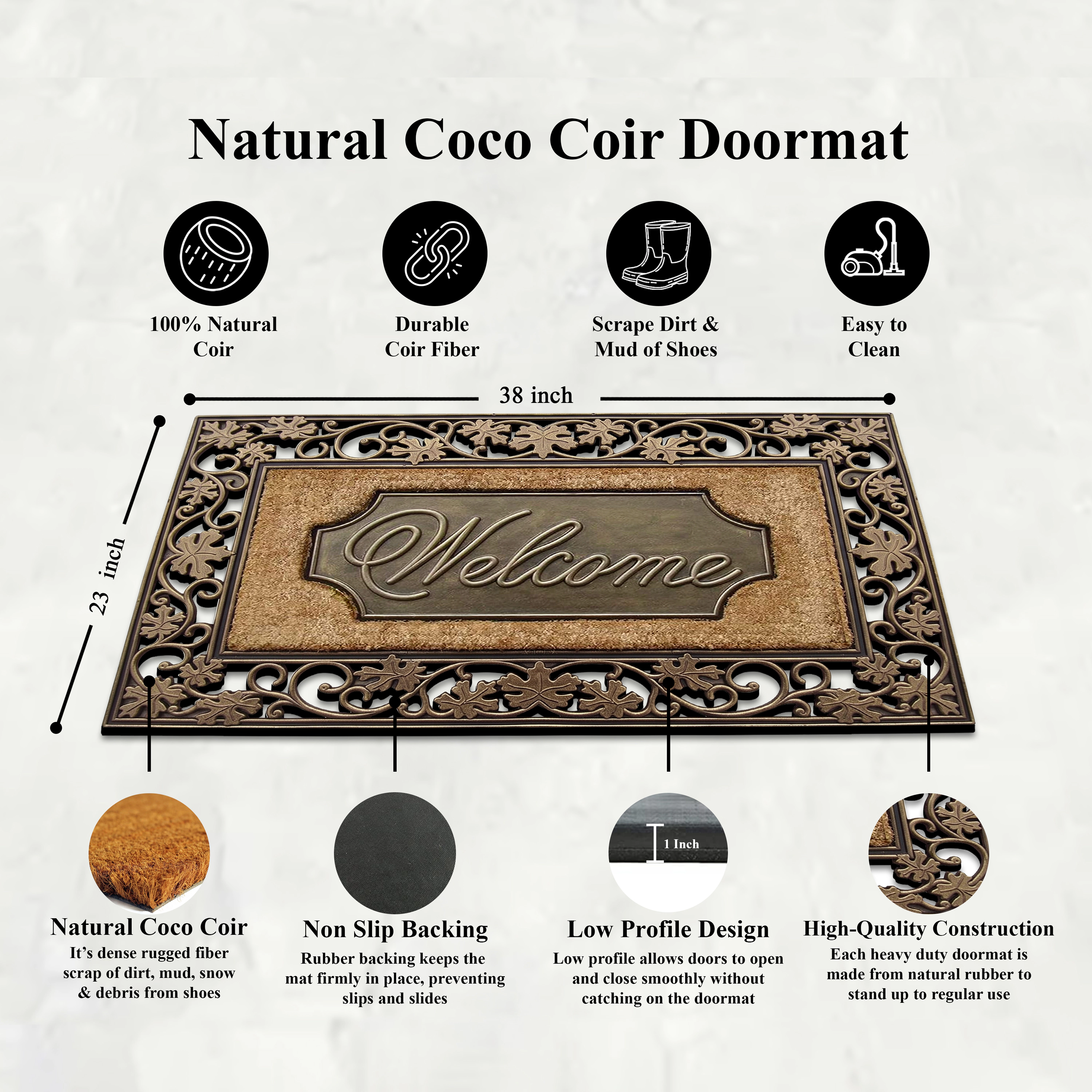 A1HC Coir and Rubber Door Mat 23x38 Inches Anti-Shed Heavy Duty Non-Slip Floral Border
