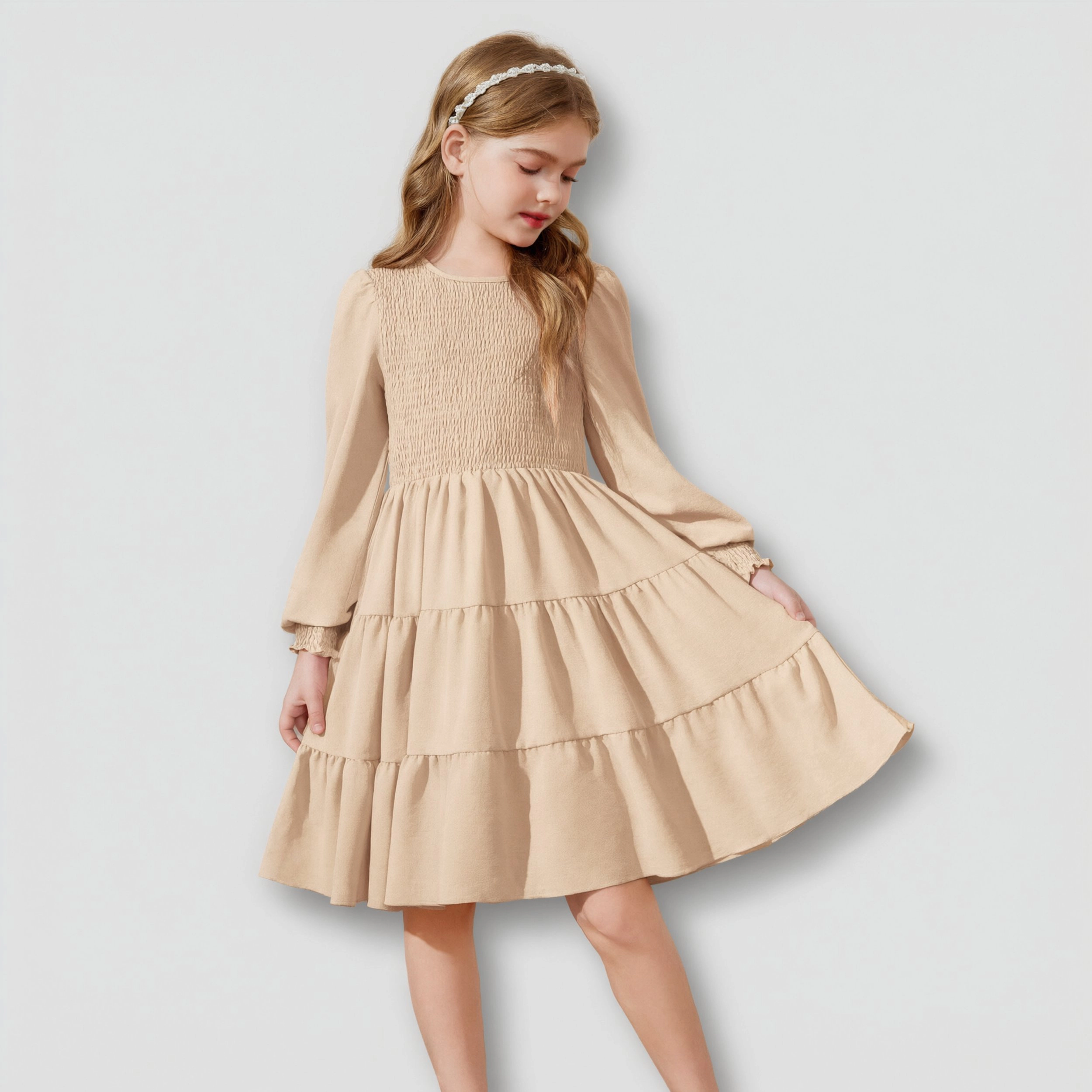 Arshiner Girls Dress Fall Boho Long Sleeve Shirred Smocked Tiered Party Dresses With Pockets