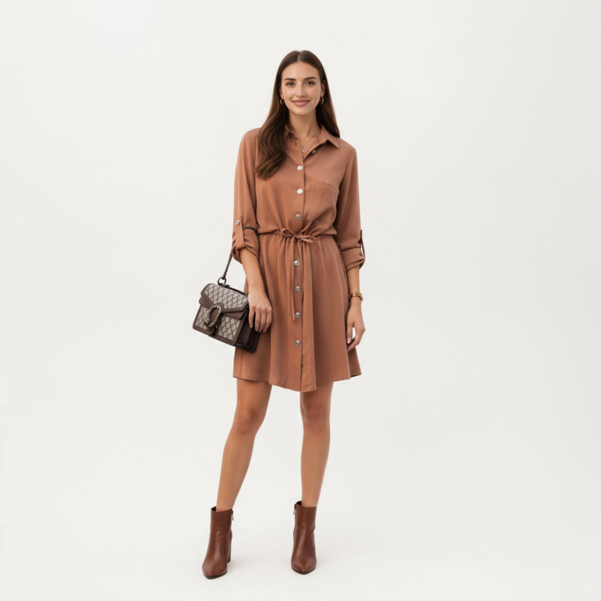 Anna-Kaci Women's Button Front Adjustable Sleeves Soft Drawstring Waist Relaxed Flowing Silhouette Shirt Dress