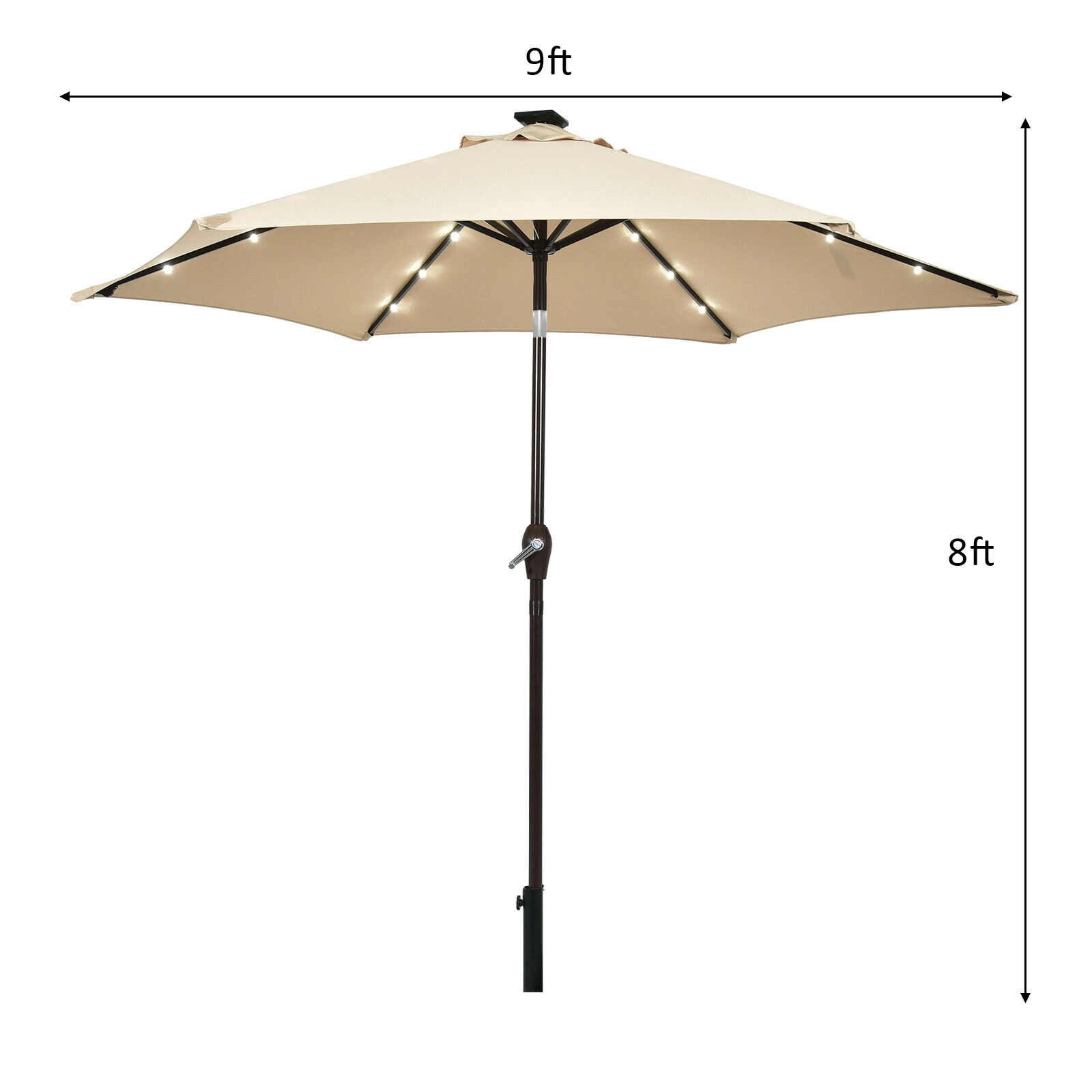 SUGIFT 9-ft Tan Solar LED Market Patio Umbrella with Crank Lift and Push-Button Tilt